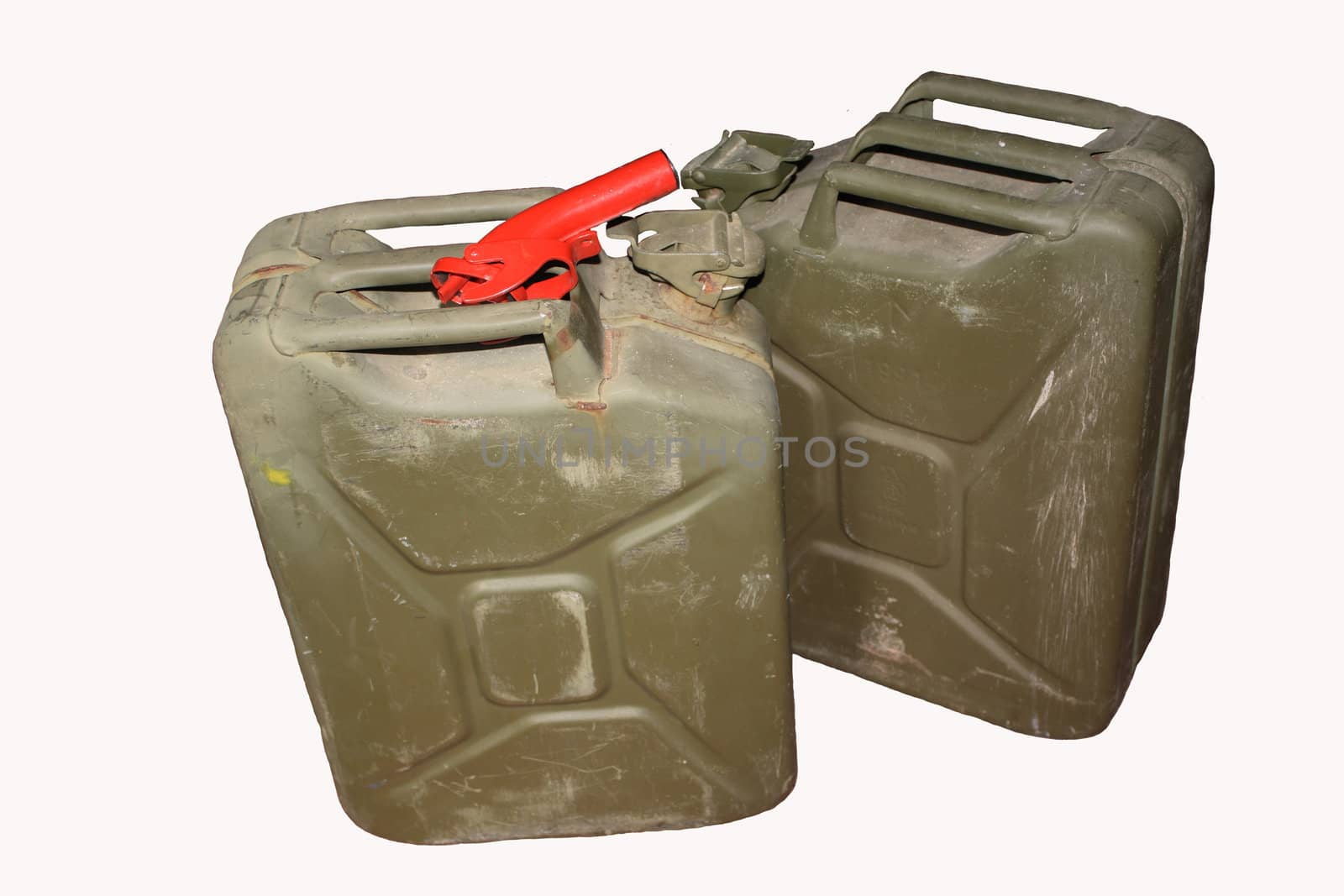 Two steel five gallon fuel cans with pouring spout on isolated background