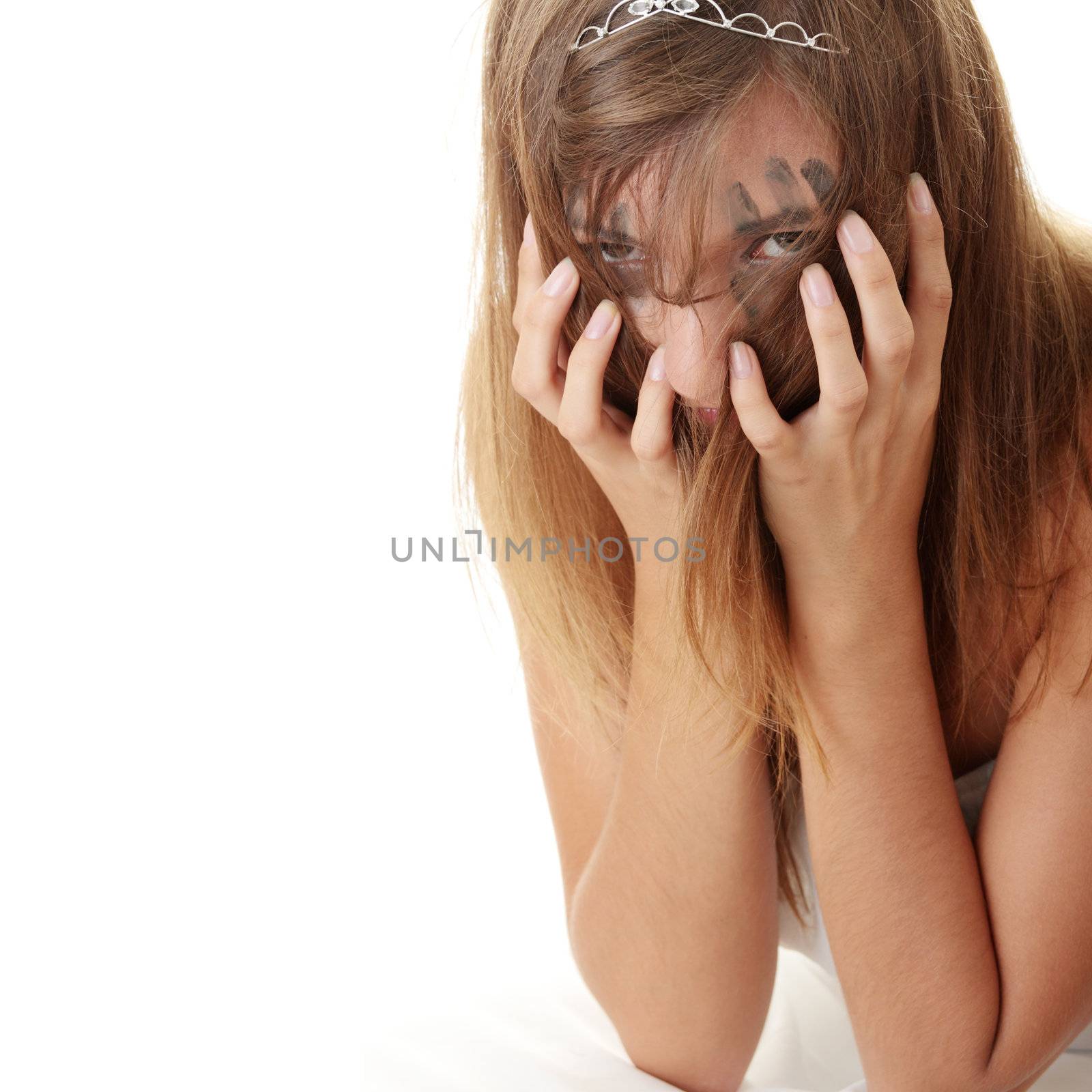 Young angry princess in white dress