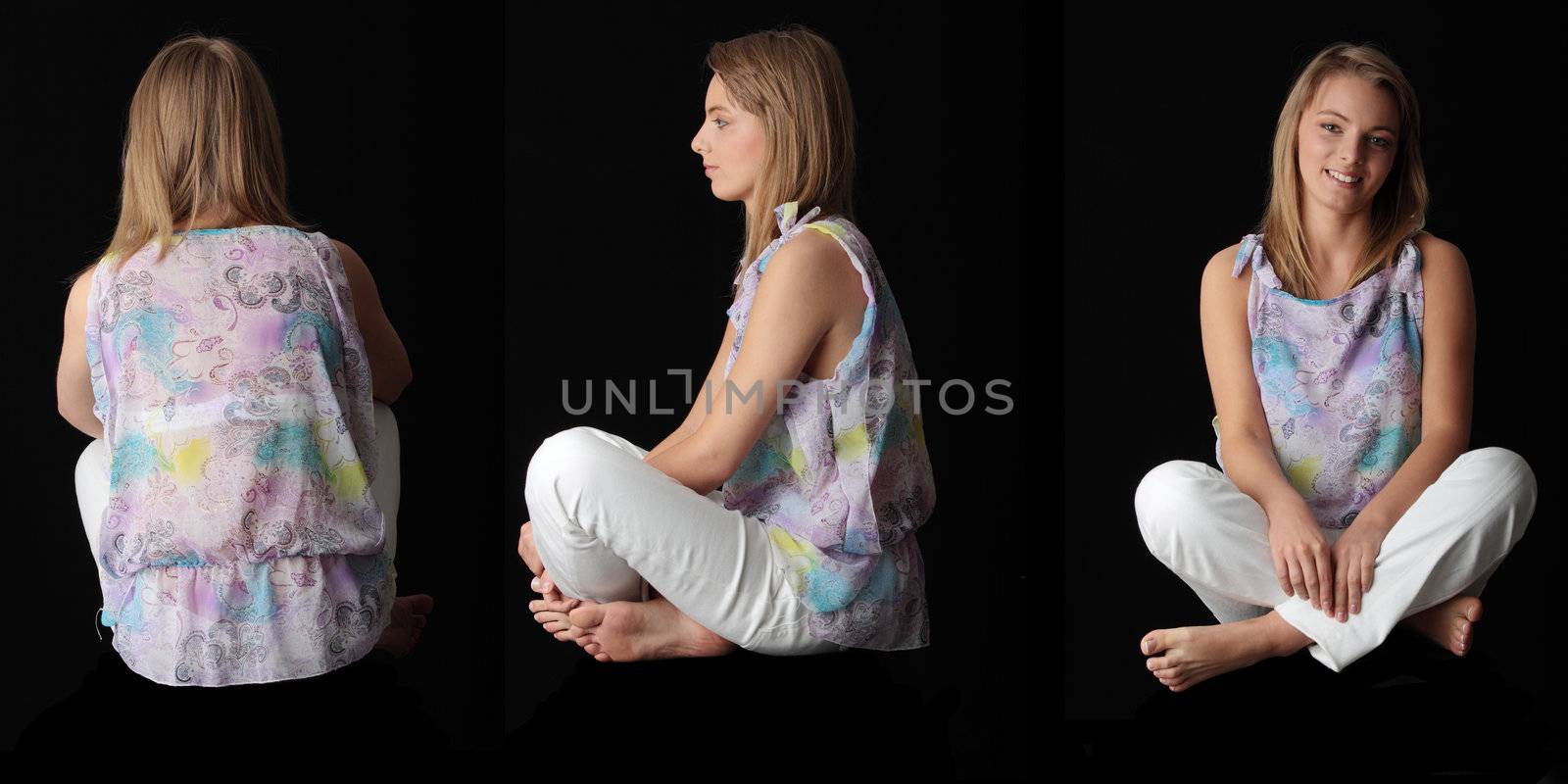 Young beautiful woman sitting against black background - front, side and back shoot