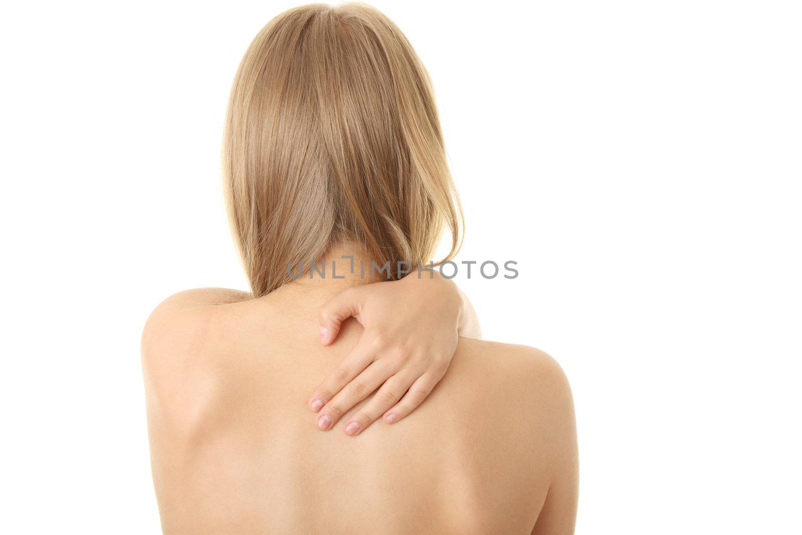 Woman from behind, naked body, pain concept