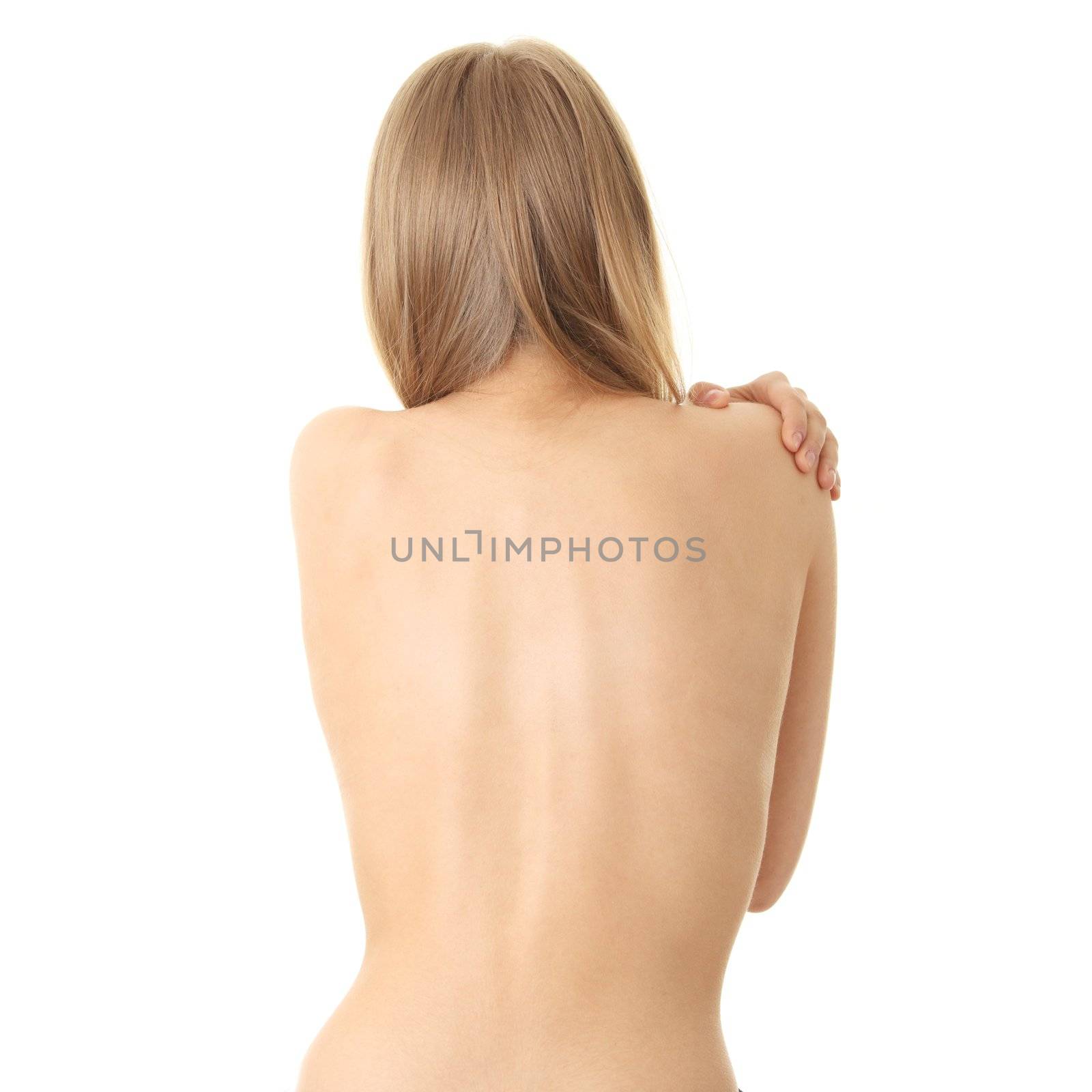 Woman from behind, naked body, pain concept