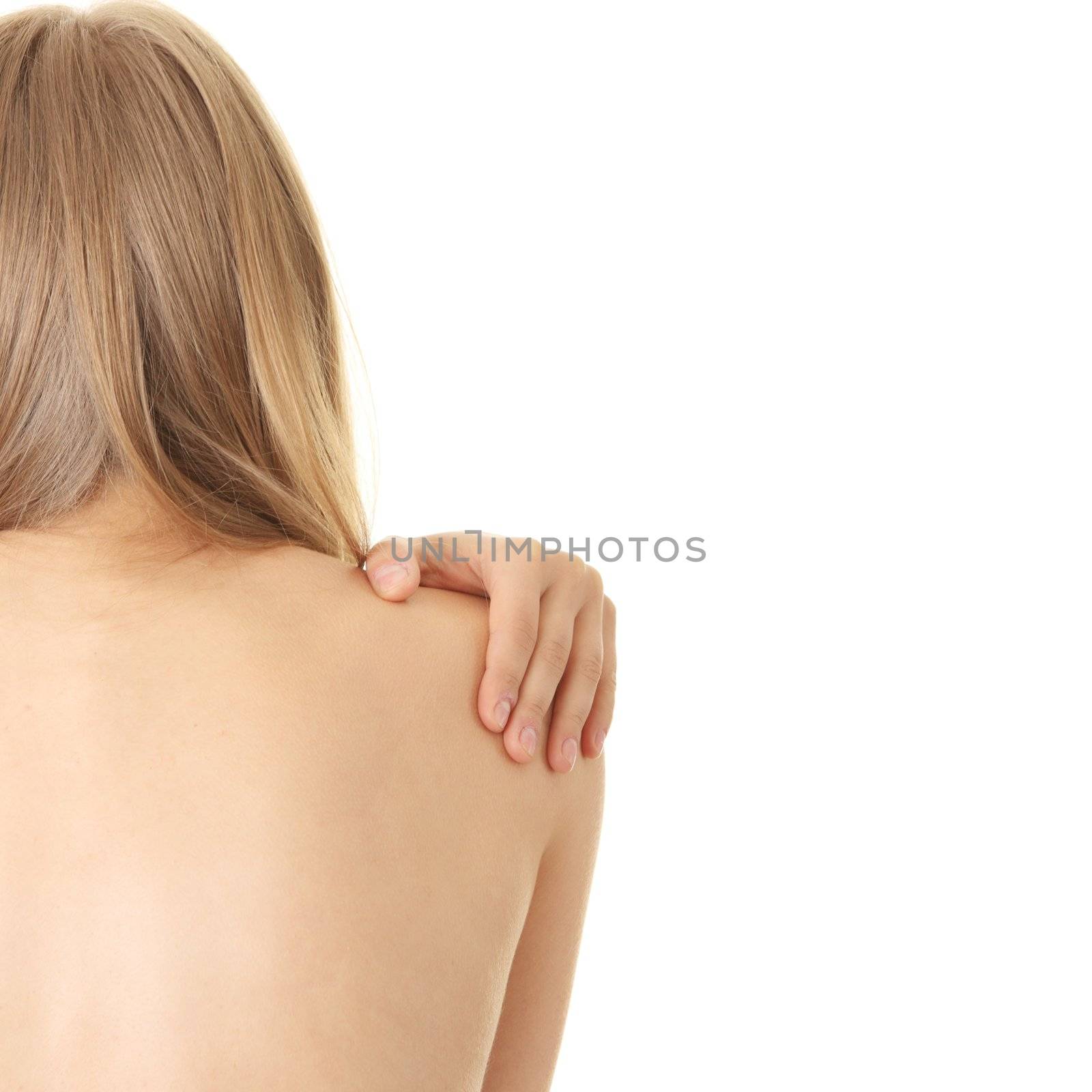 Woman from behind, naked body, pain concept