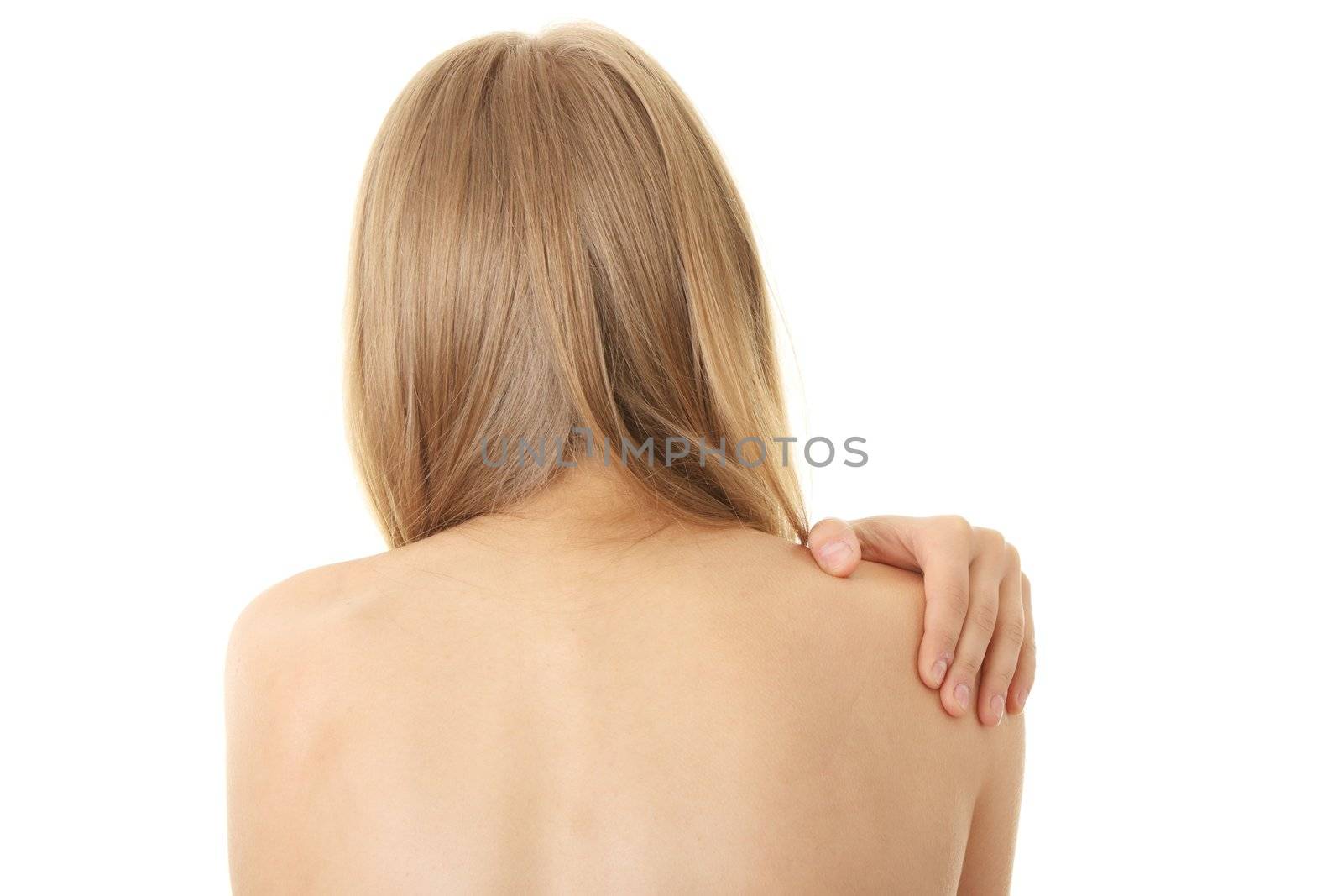 Woman from behind, naked body, pain concept