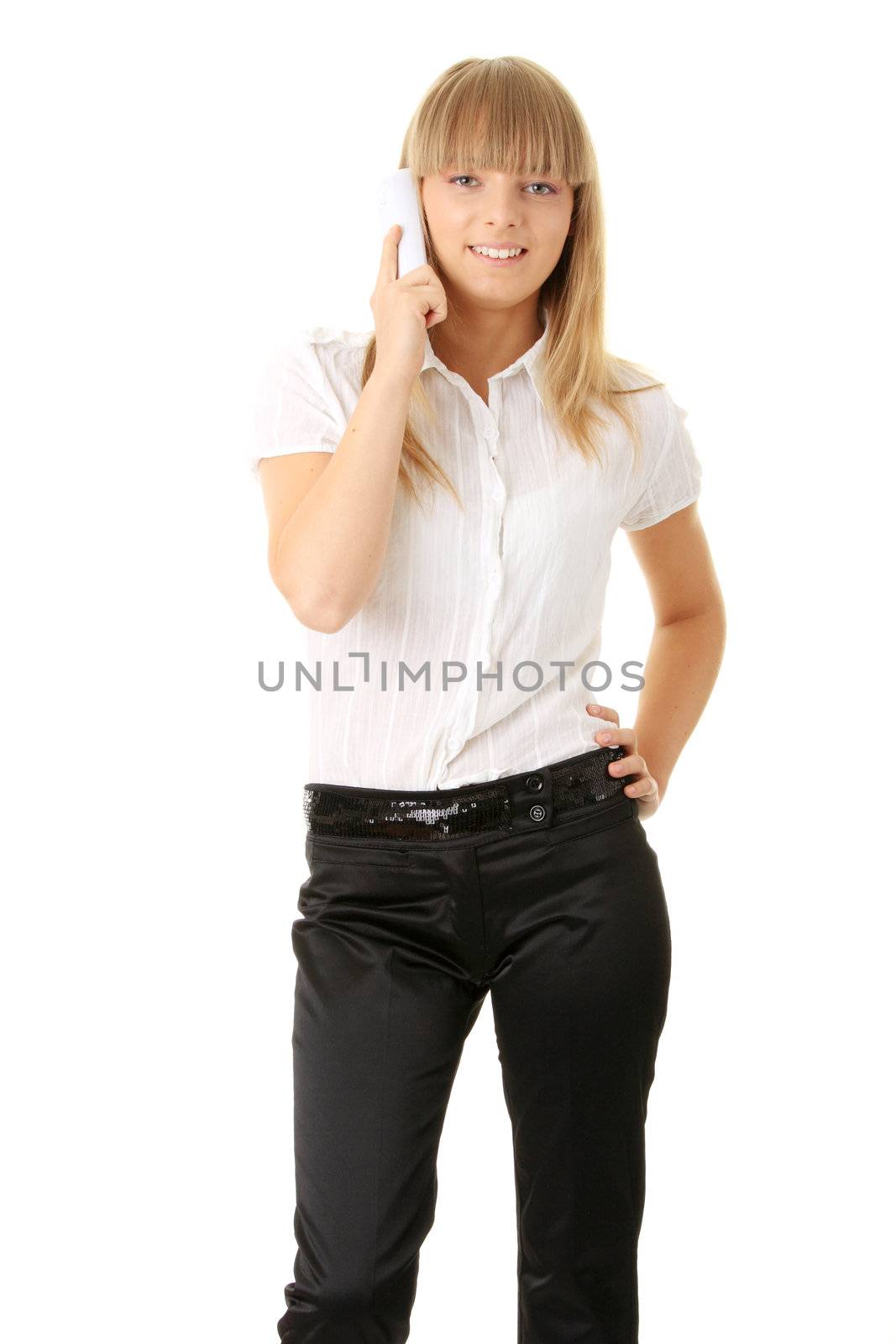 Portrait of happy smiling businesswoman on phone at office isolated on white background