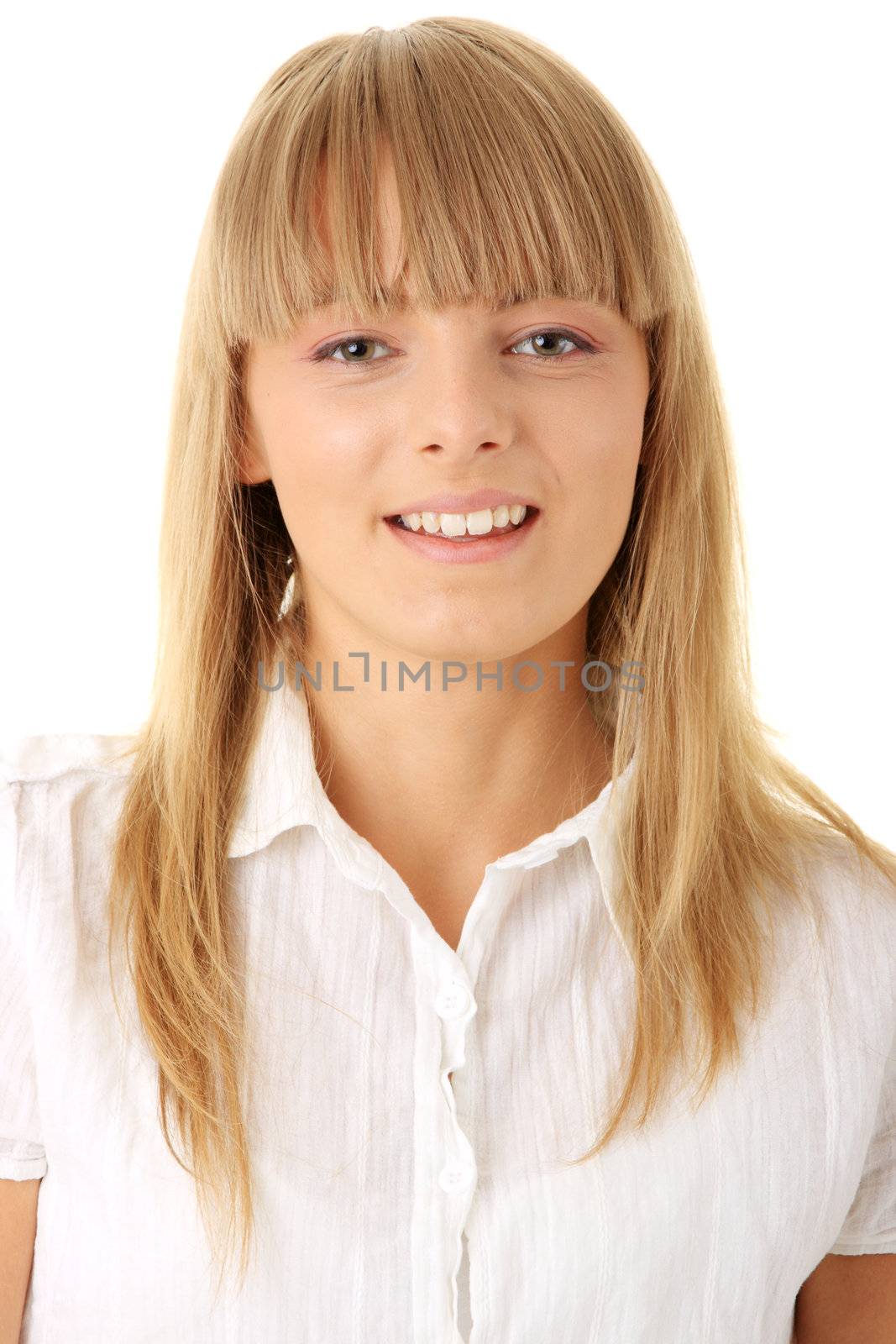 Portrait of happy smiling businesswoman on phone at office isolated on white background