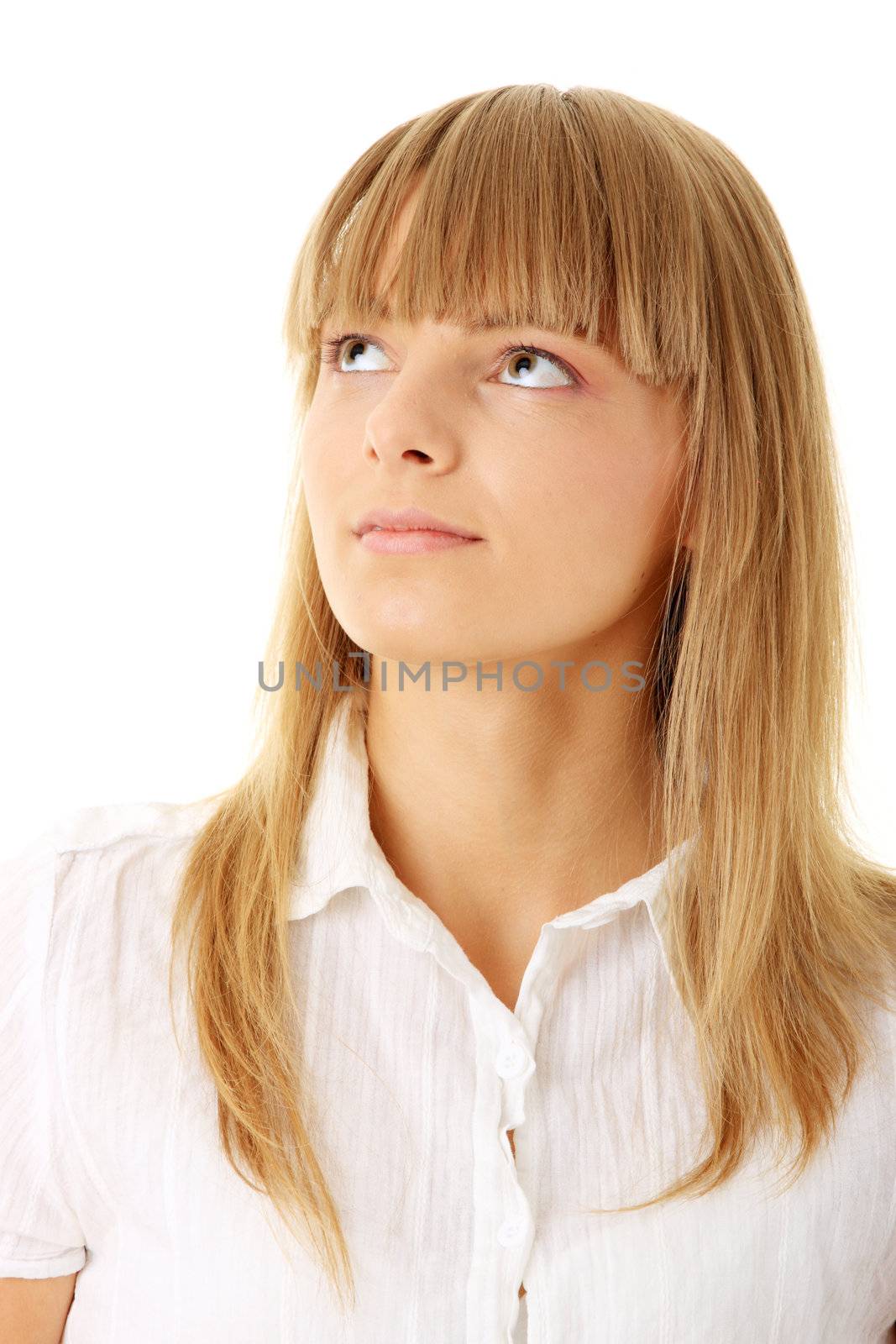 Portrait of happy smiling businesswoman on phone at office isolated on white background
