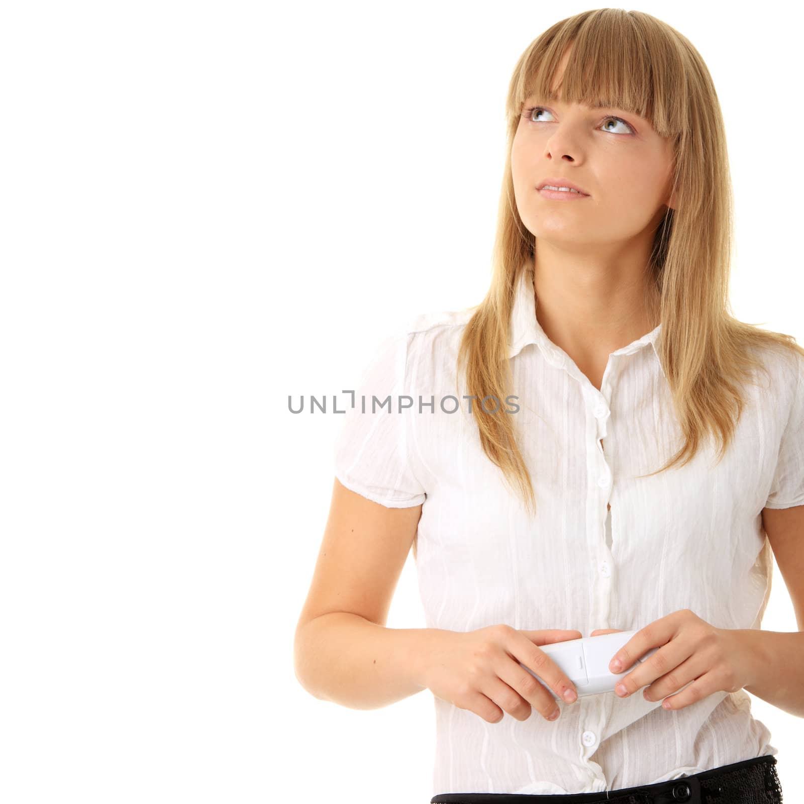 Portrait of happy smiling businesswoman on phone at office isolated on white background