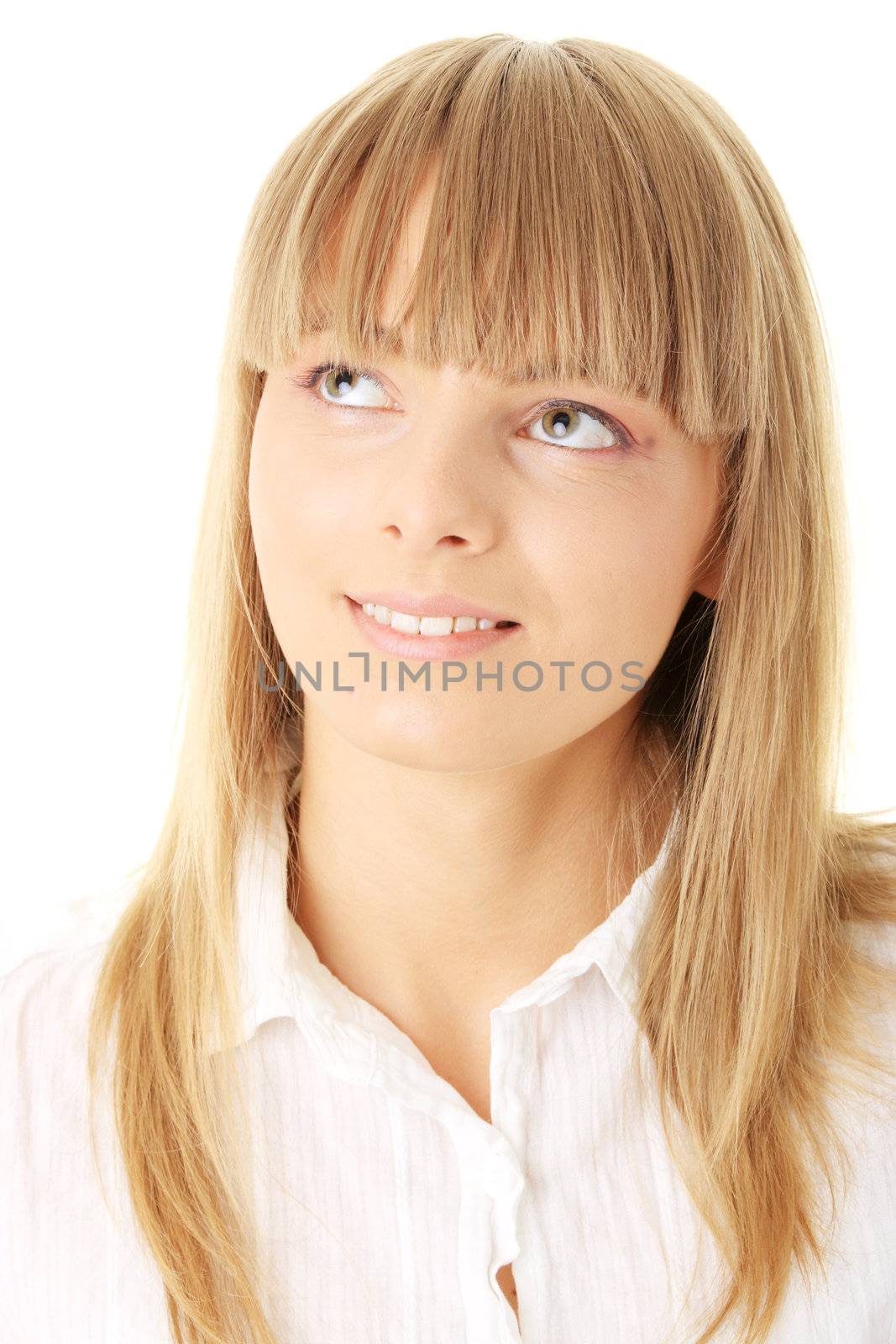 Portrait of happy smiling businesswoman on phone at office isolated on white background