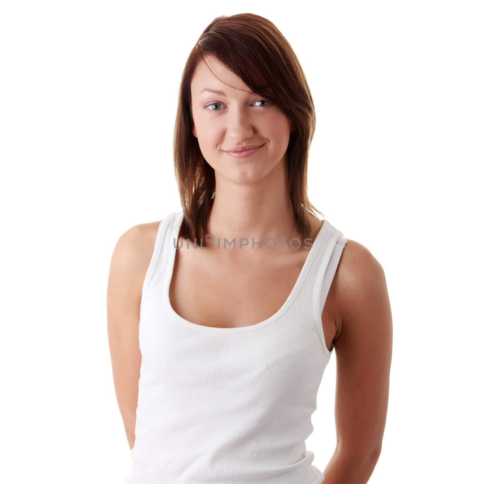 Casual young caucasian woman portrait isolated on white background
