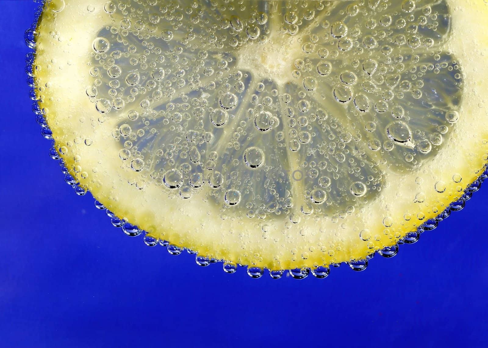 Macro of a lemon slice with bubbles in cocktail