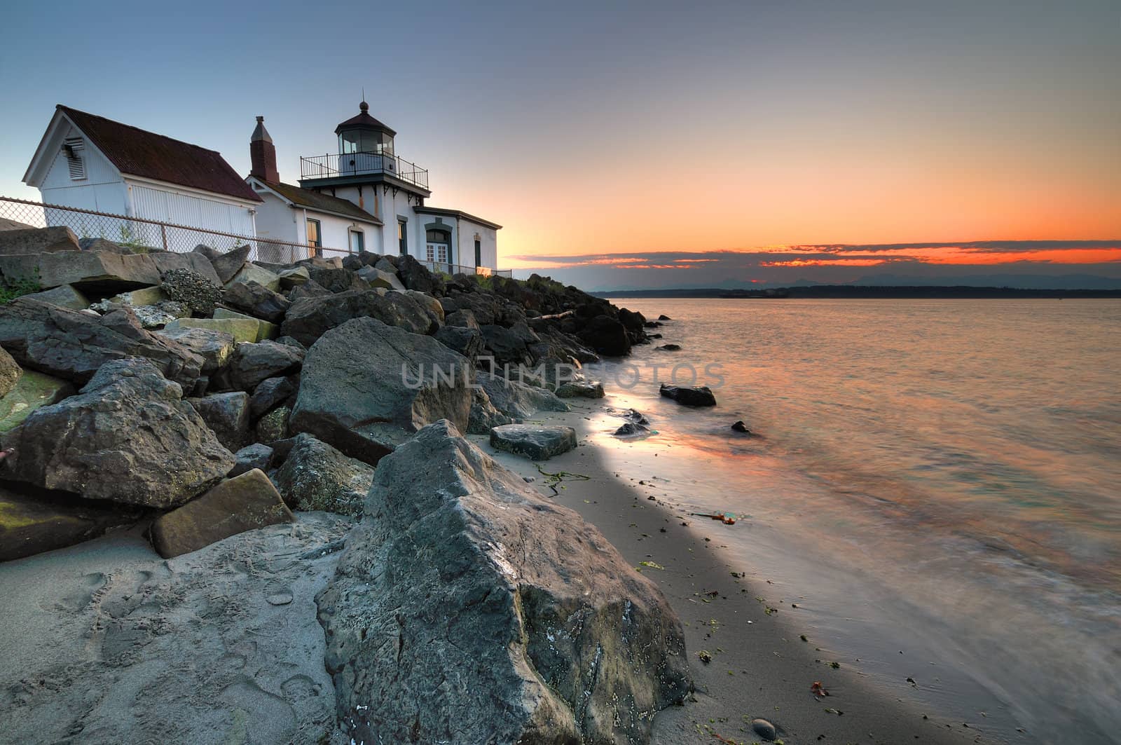 West Point lighthouse at Discovery park Seattle at dusk