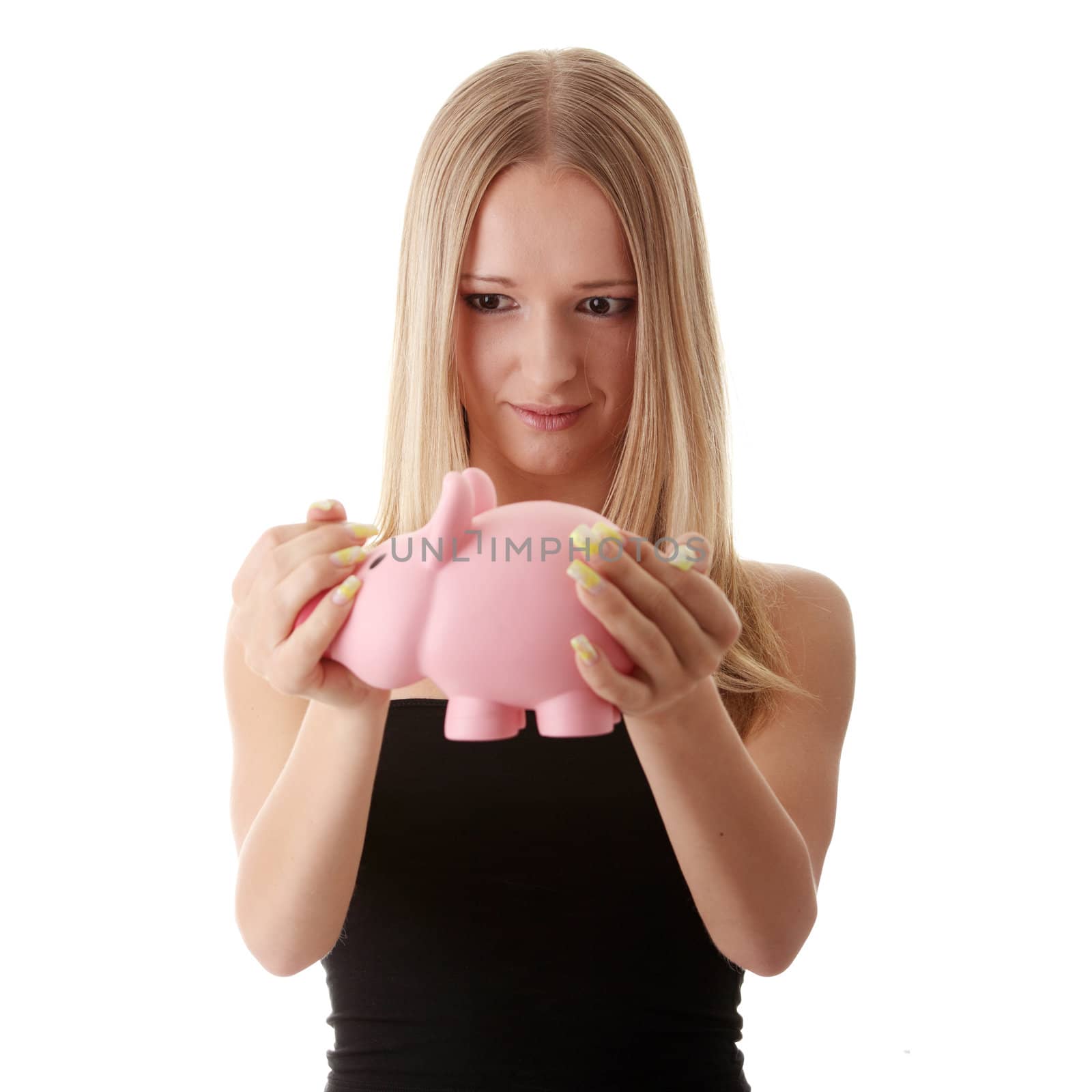 Woman holding piggy-bank by BDS