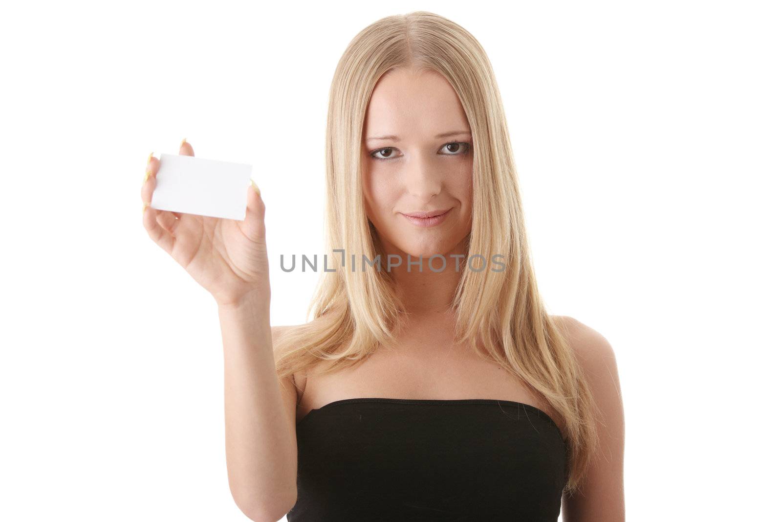 Young blond woman with businesscard in hand