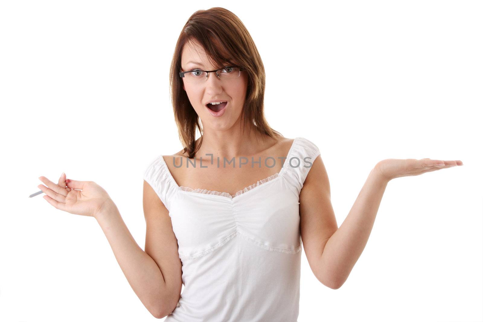 The young beautiful student with pencil on a white background