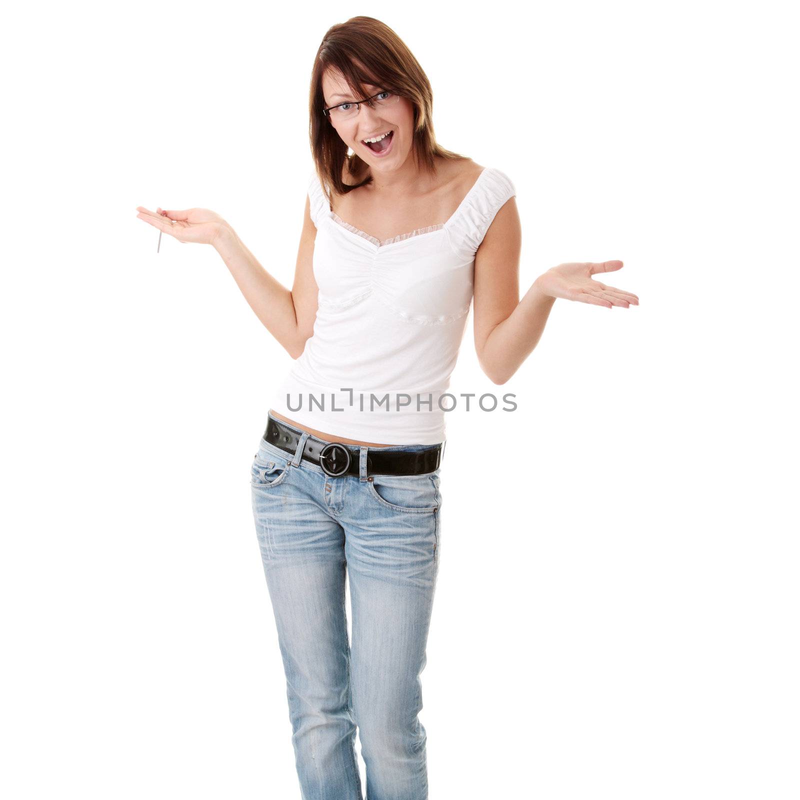 The young beautiful student with pencil on a white background