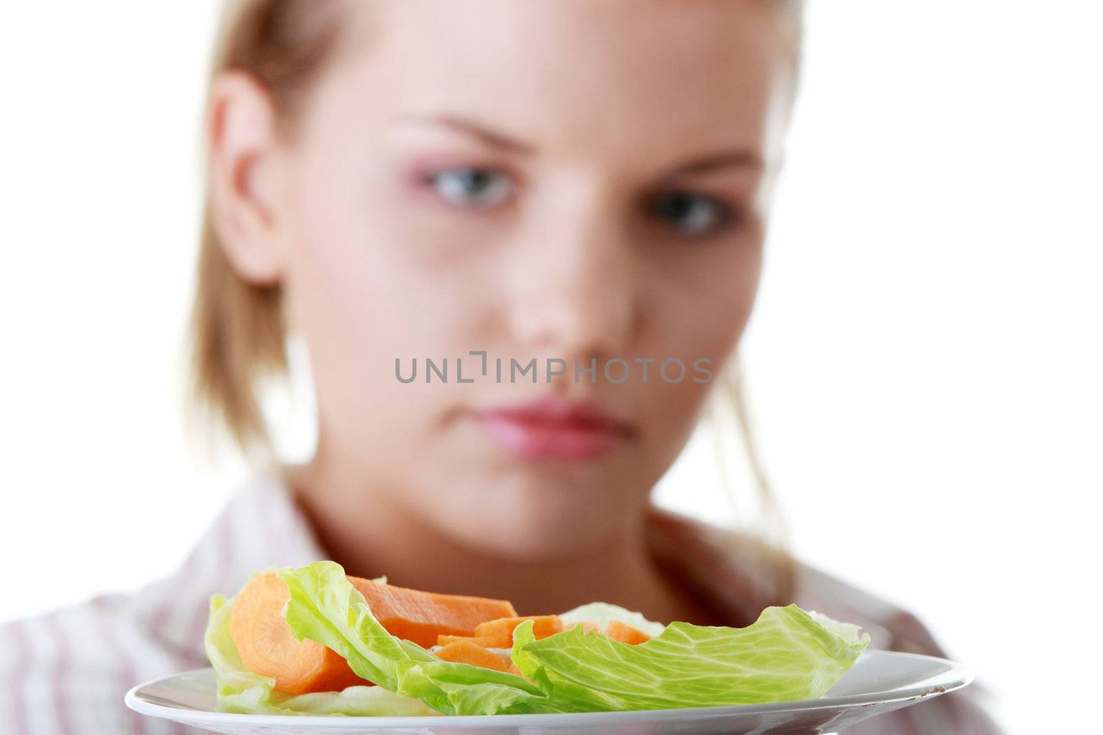 Female and her salad isolated on white background