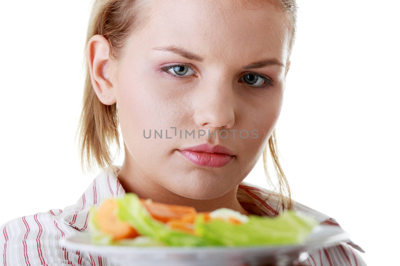 Female and her salad isolated on white background
