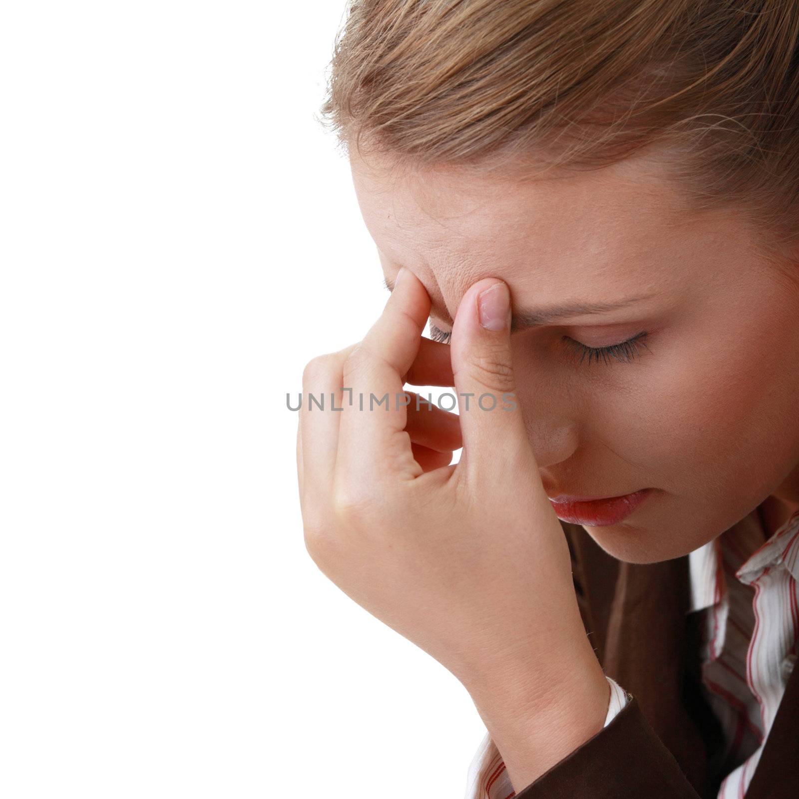 Woman with severe Migraine Headache holding hands to head