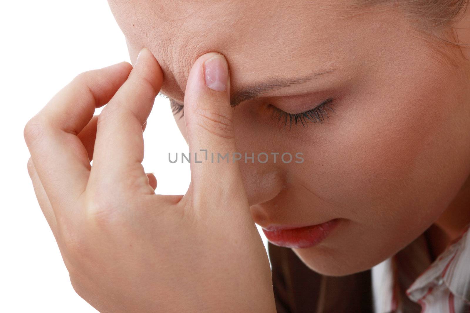 Woman with severe Migraine Headache holding hands to head