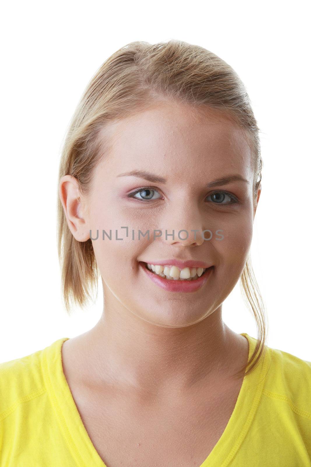 Closeup portrait of a young woman isolated on white