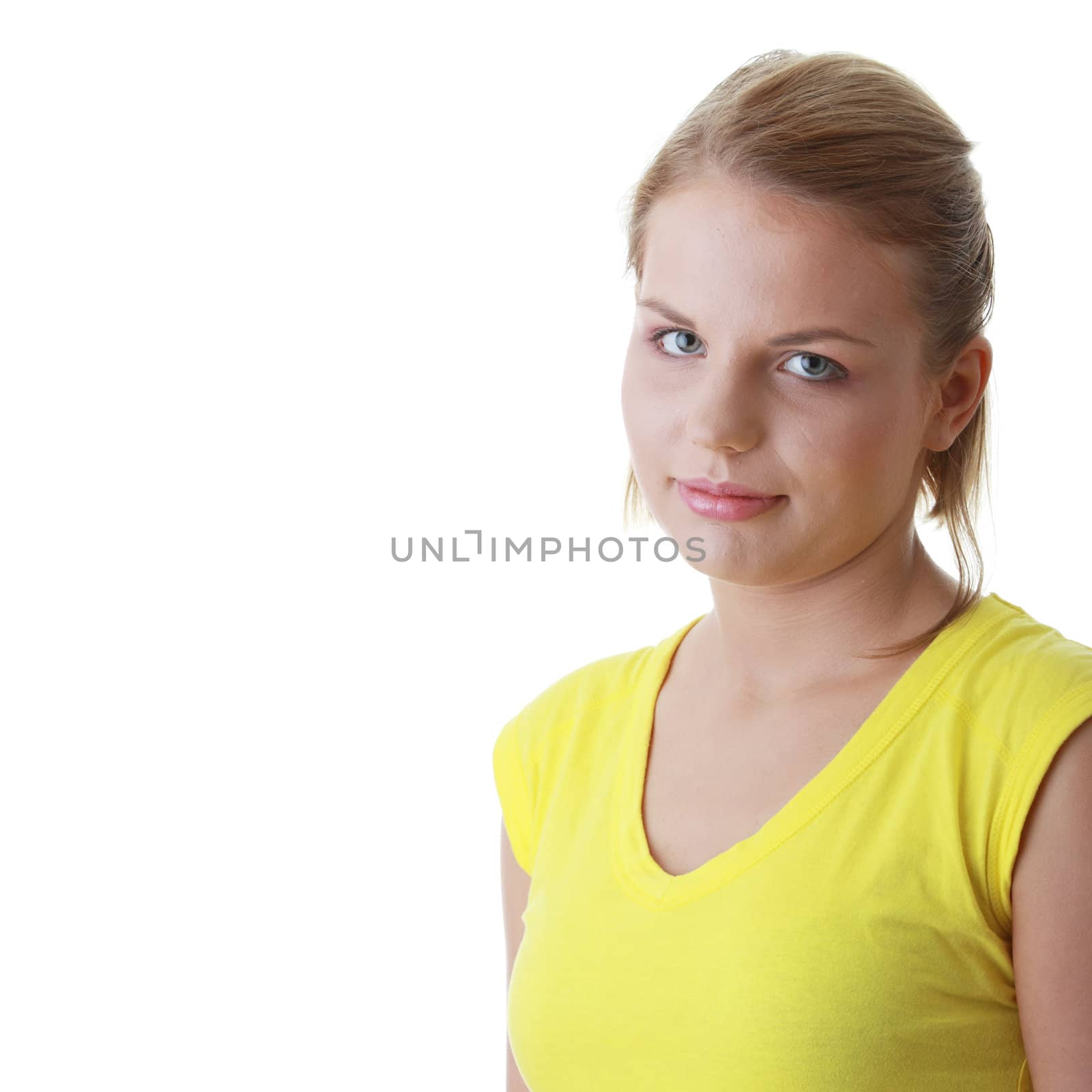 Closeup portrait of a young woman isolated on white