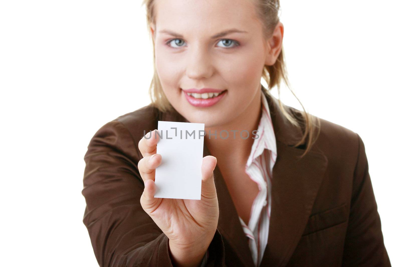 Lady with blank business card isolated on white background