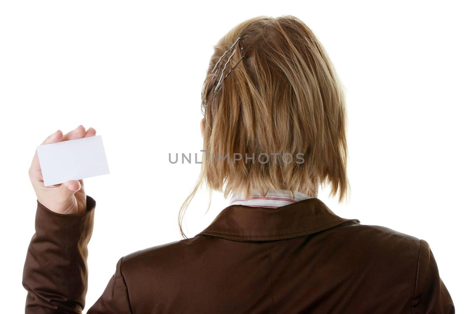 Lady with blank business card isolated on white background