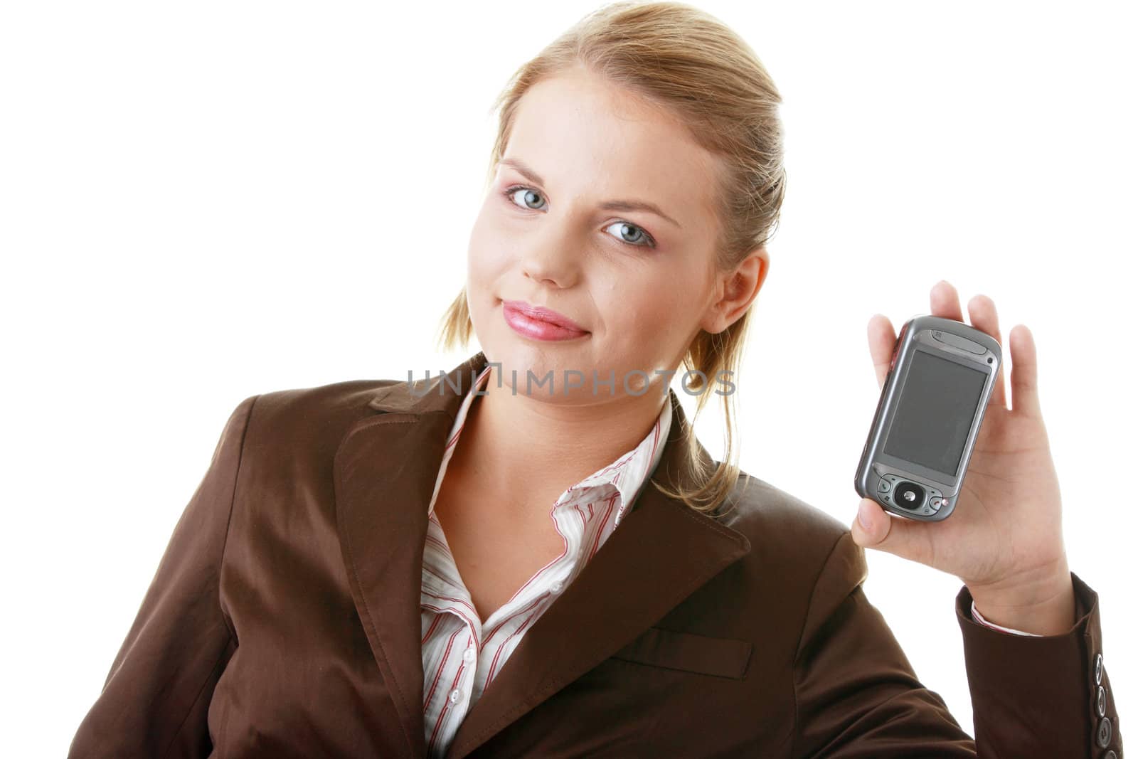 Attractive business woman smiling while using a pda. Isolated on white.