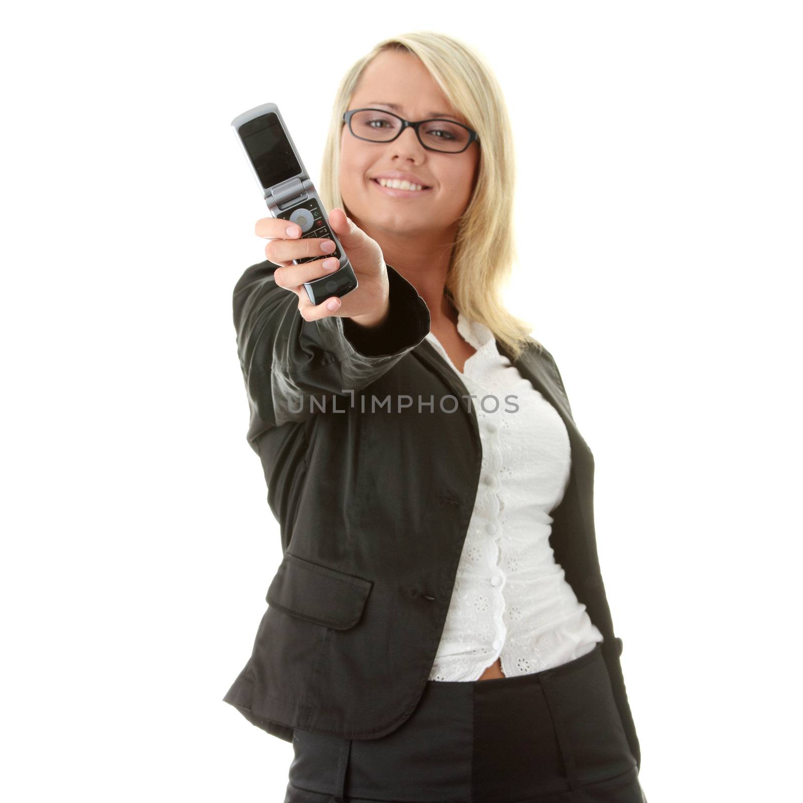 Attractive young business women with cellular phone isolated on white background - focus on phone