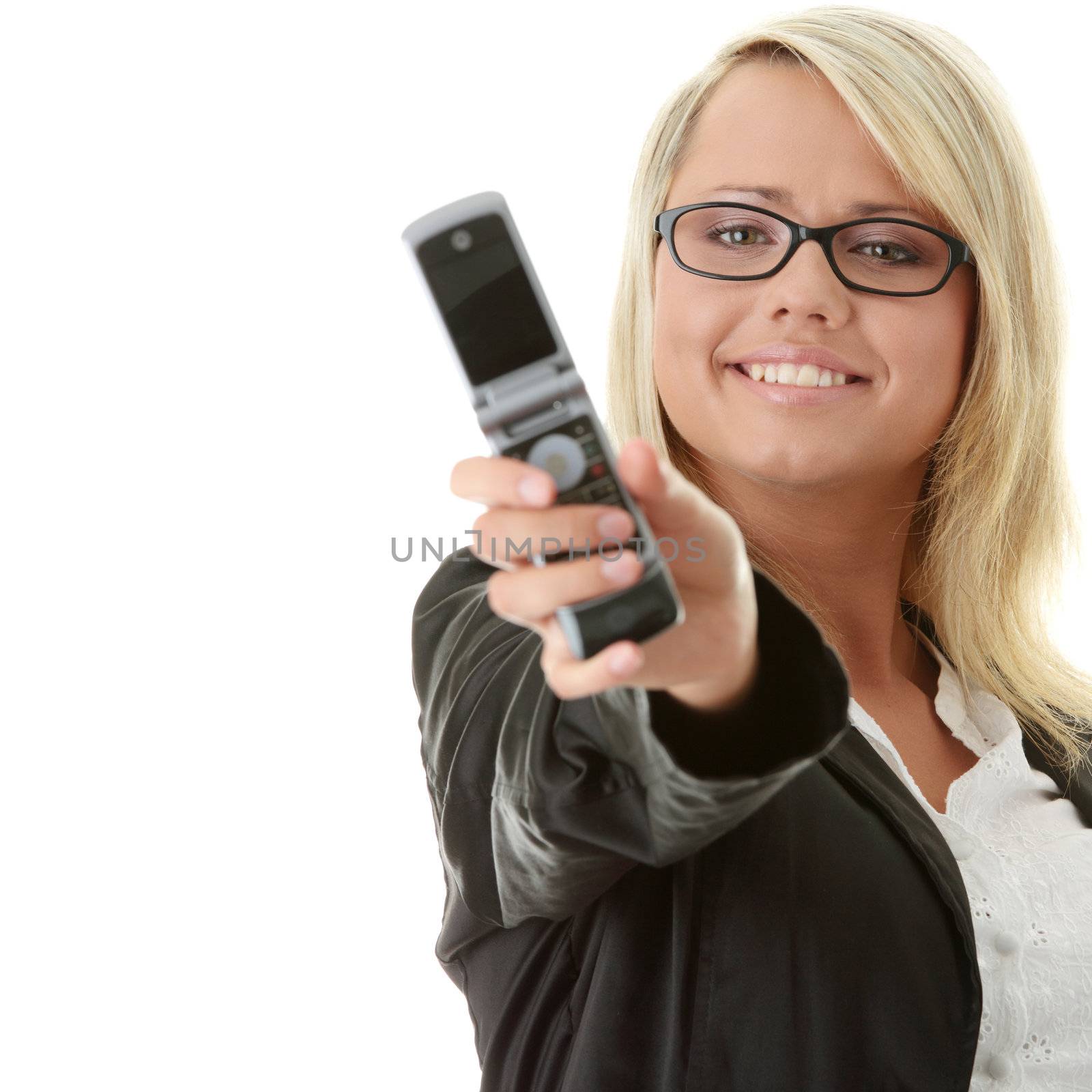 Attractive young business women with cellular phone isolated on white background - focus on girl