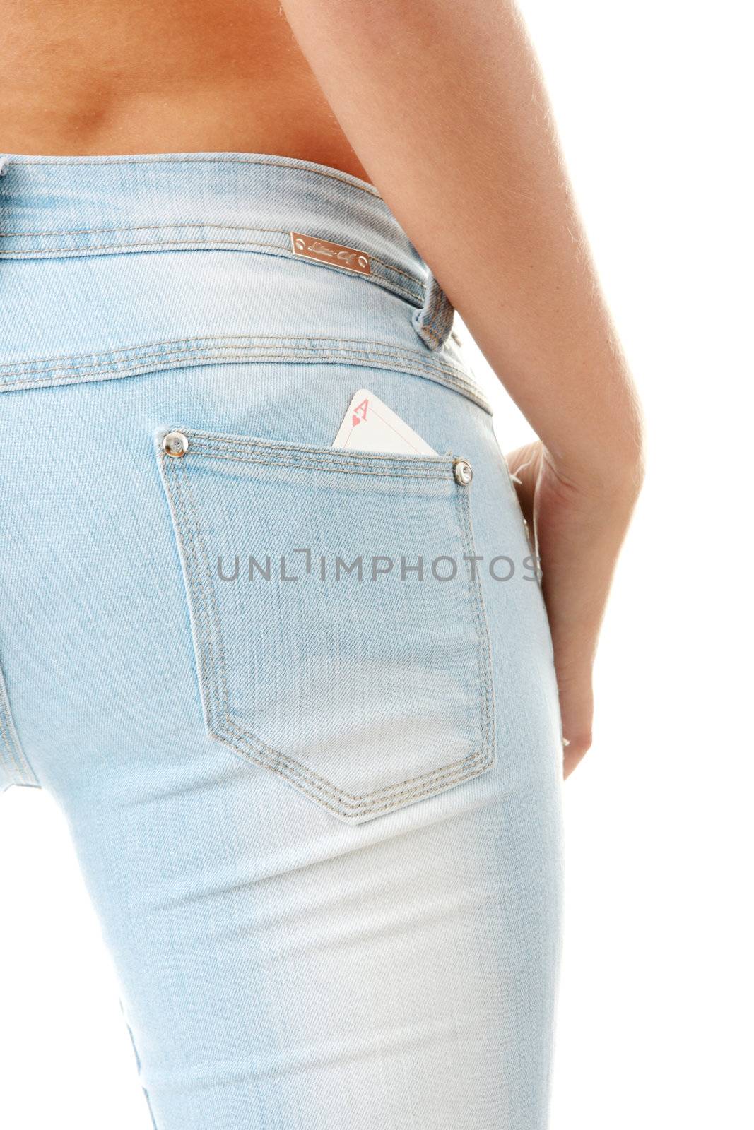 Young topless woman wit Ace card in pocket