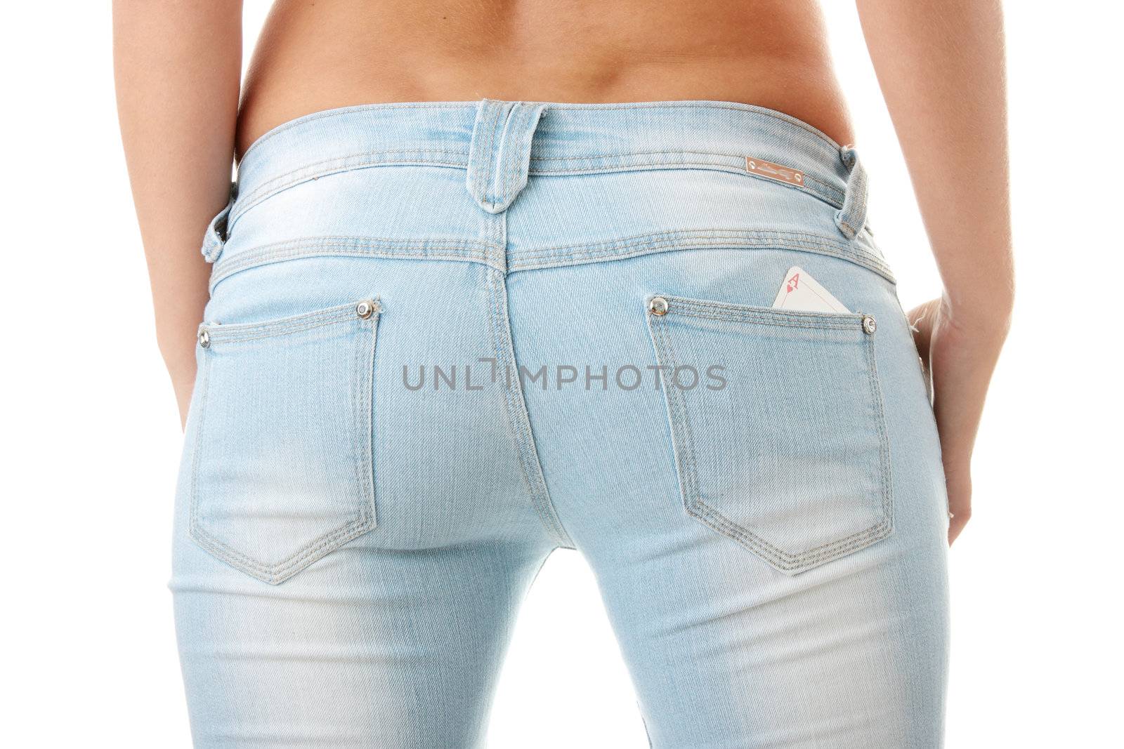 Young topless woman wit Ace card in pocket