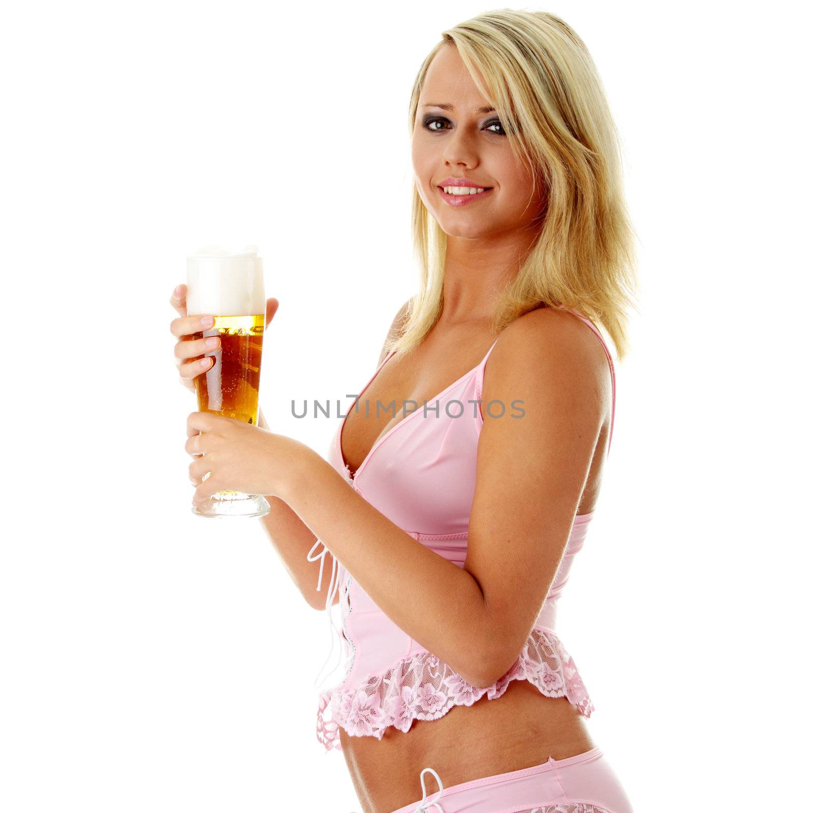 Young atractive blonde in sexy lingerie holding a beer