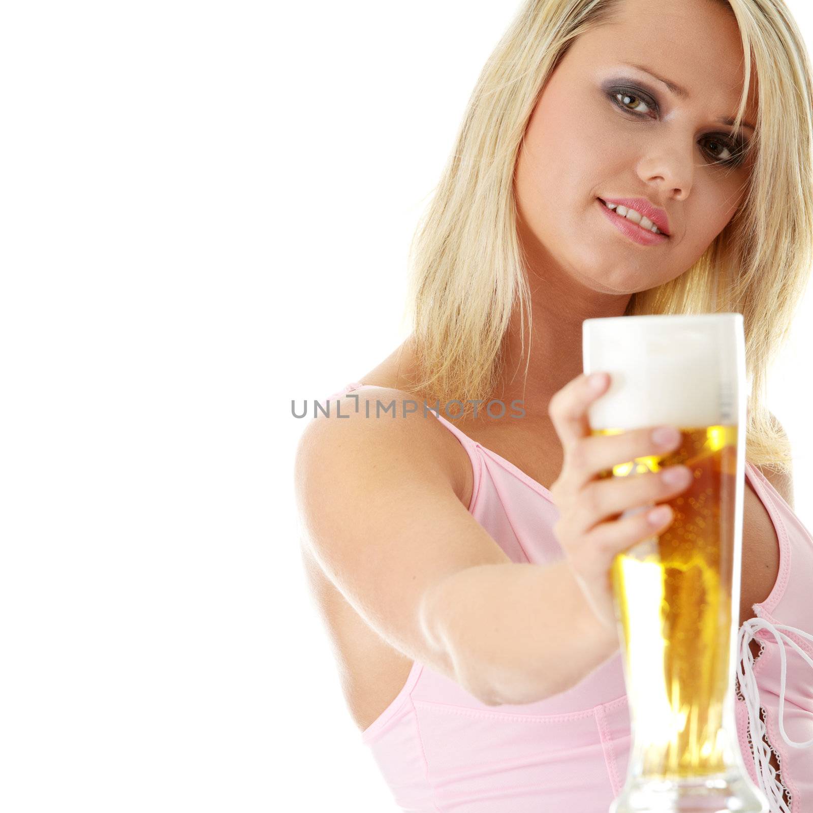 Young atractive blonde in sexy lingerie holding a beer