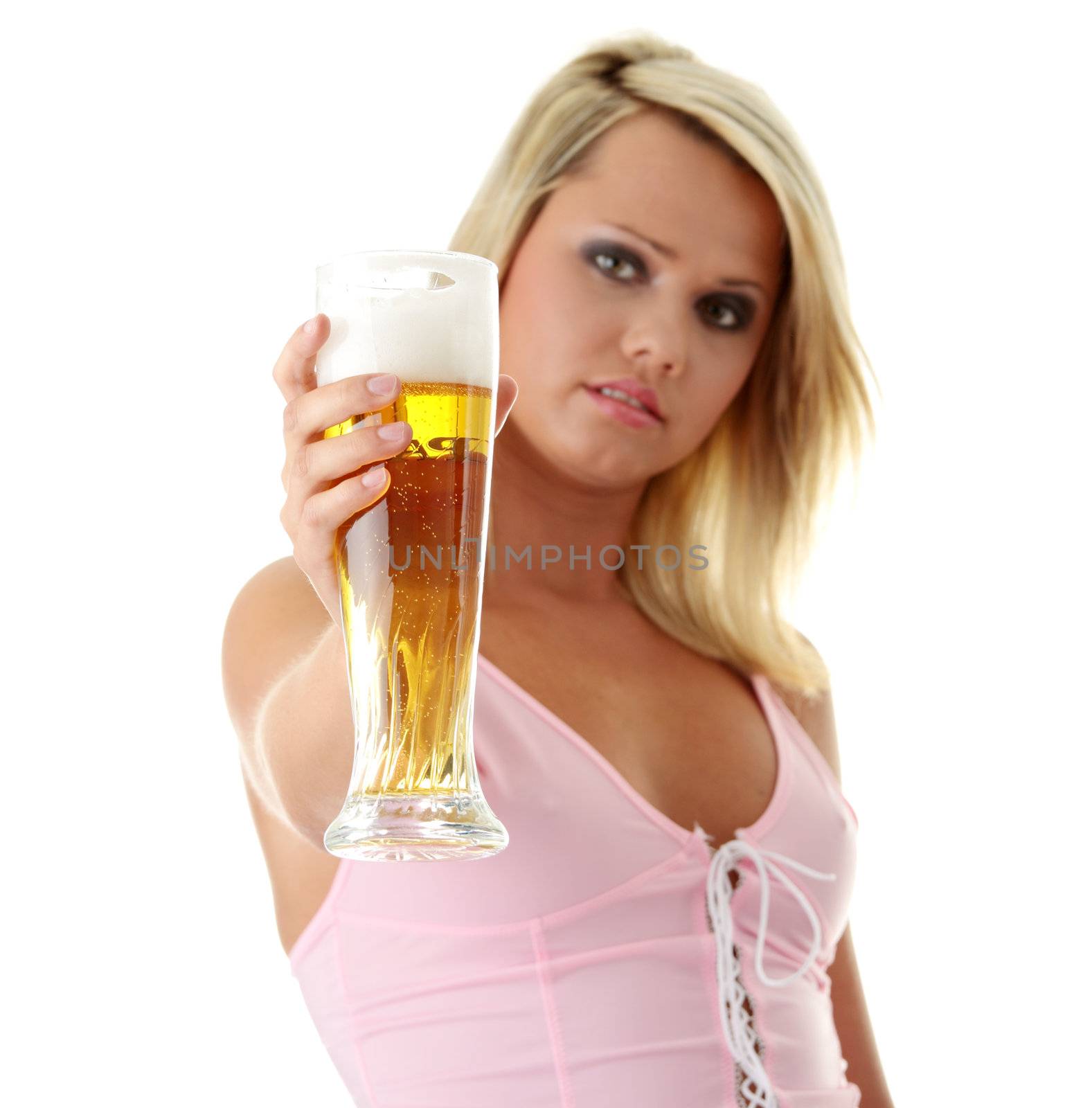 Young atractive blonde in sexy lingerie holding a beer - focus on beer