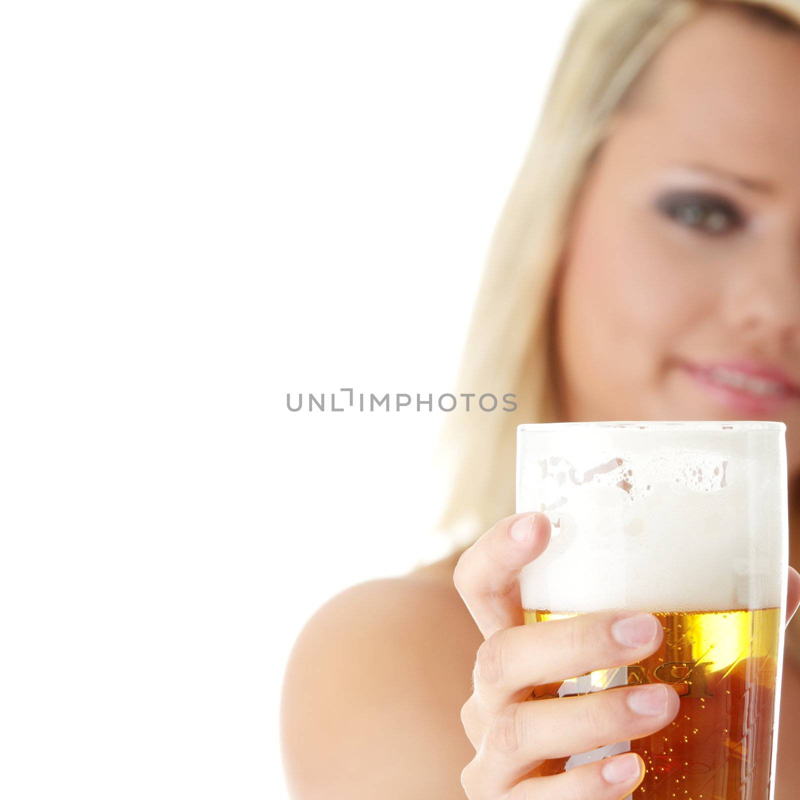 Young atractive blonde in sexy lingerie holding a beer - focus on beer