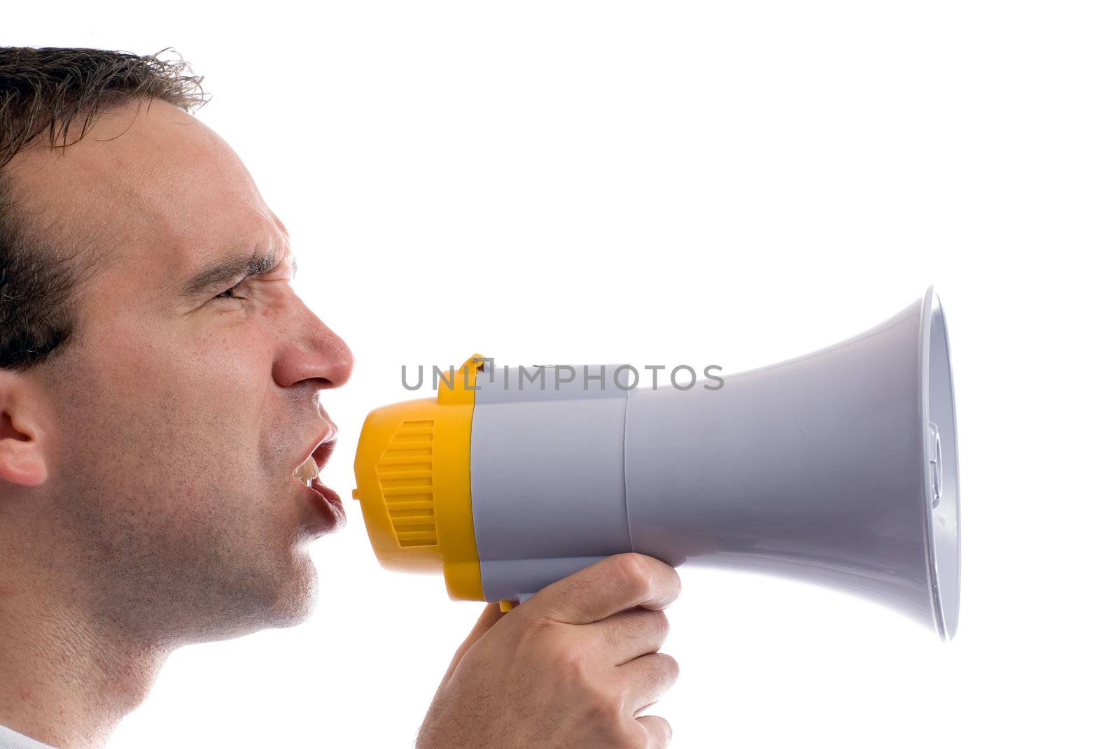 A profile view of a man yelling into a blowhorn, isolated against a white background