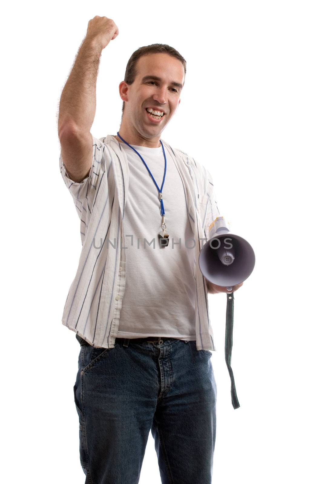 A coach is shaking his fist in the air, excited that his team is winning, isolated against a white background