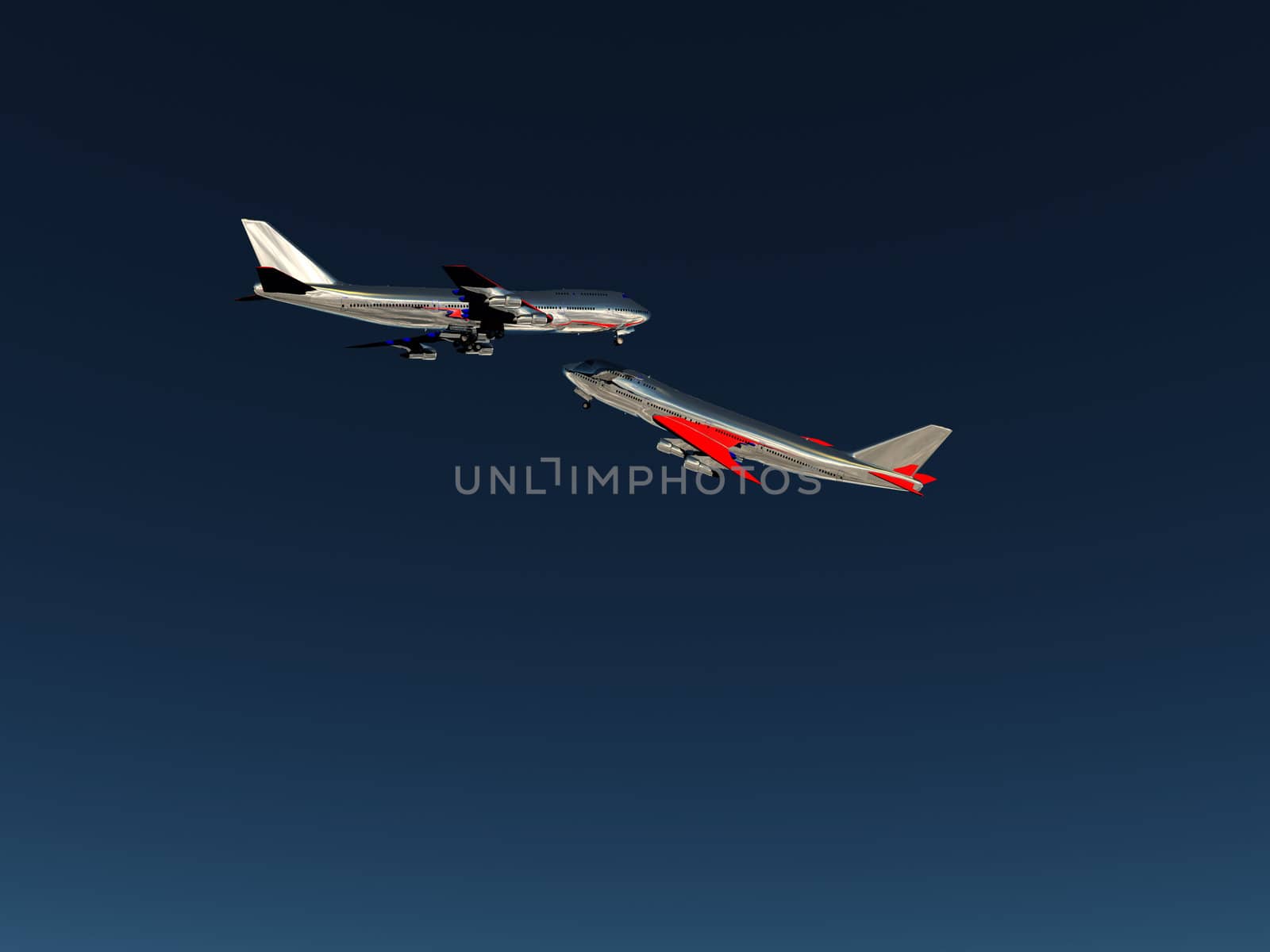 Two planes flying high in the sky. 