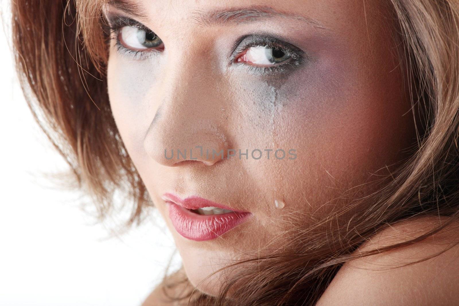 Emotional portrait of abused, crying, beautiful, young ,caucasian woman in underwear - violence concept