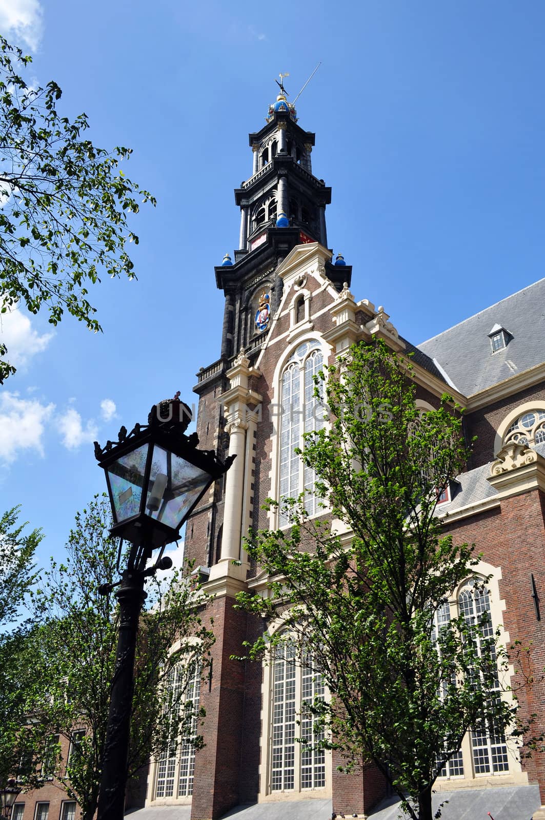 Tower of the historic Westerkerk (Western church) in Amsterdam, Netherlands.