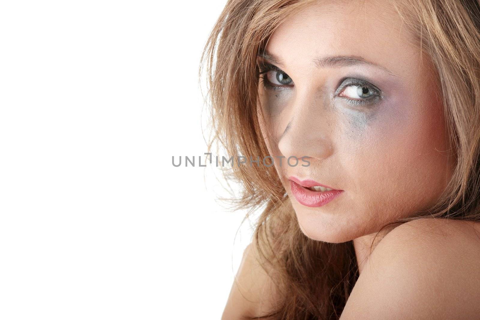 Emotional portrait of abused, crying, beautiful, young ,caucasian woman in underwear - violence concept