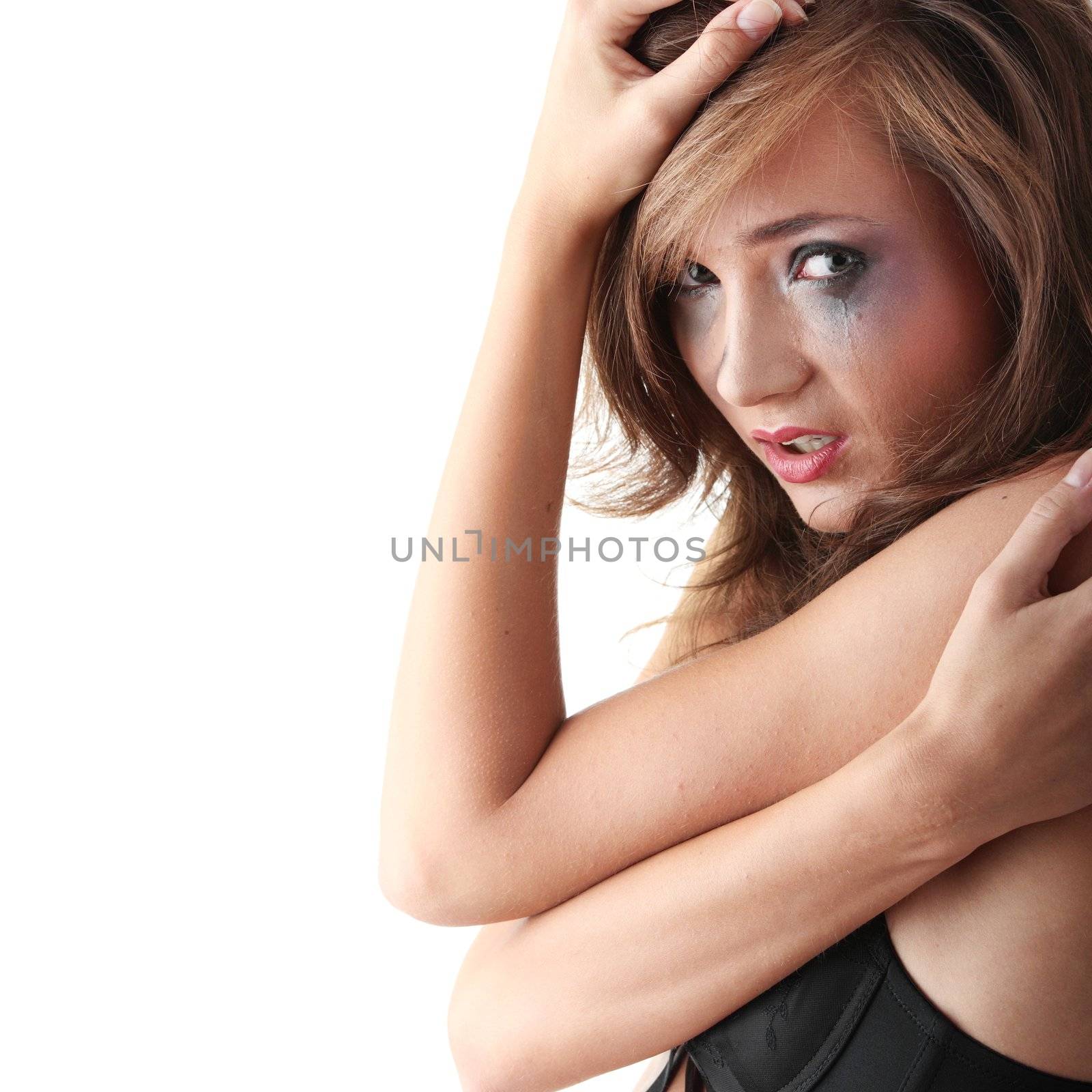 Woman in underwear crying - violence concept by BDS