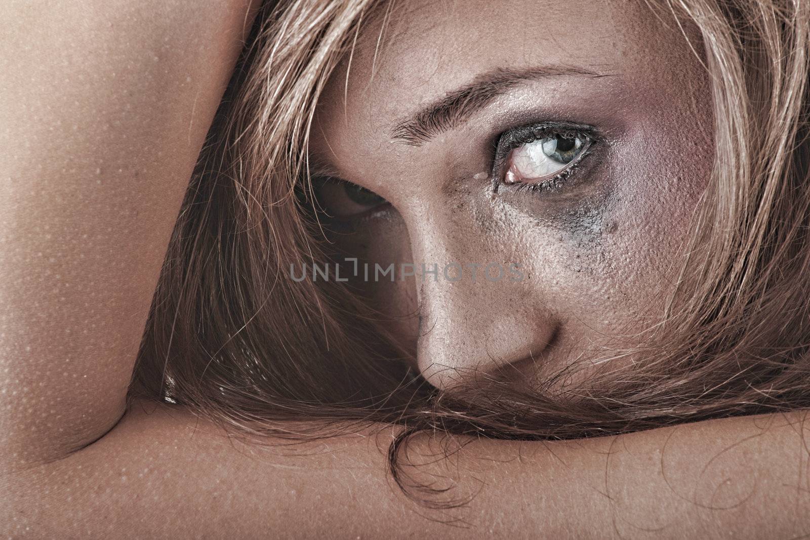 Emotional portrait of abused, crying, beautiful, young ,caucasian woman in underwear - violence concept, high emotional - hdr