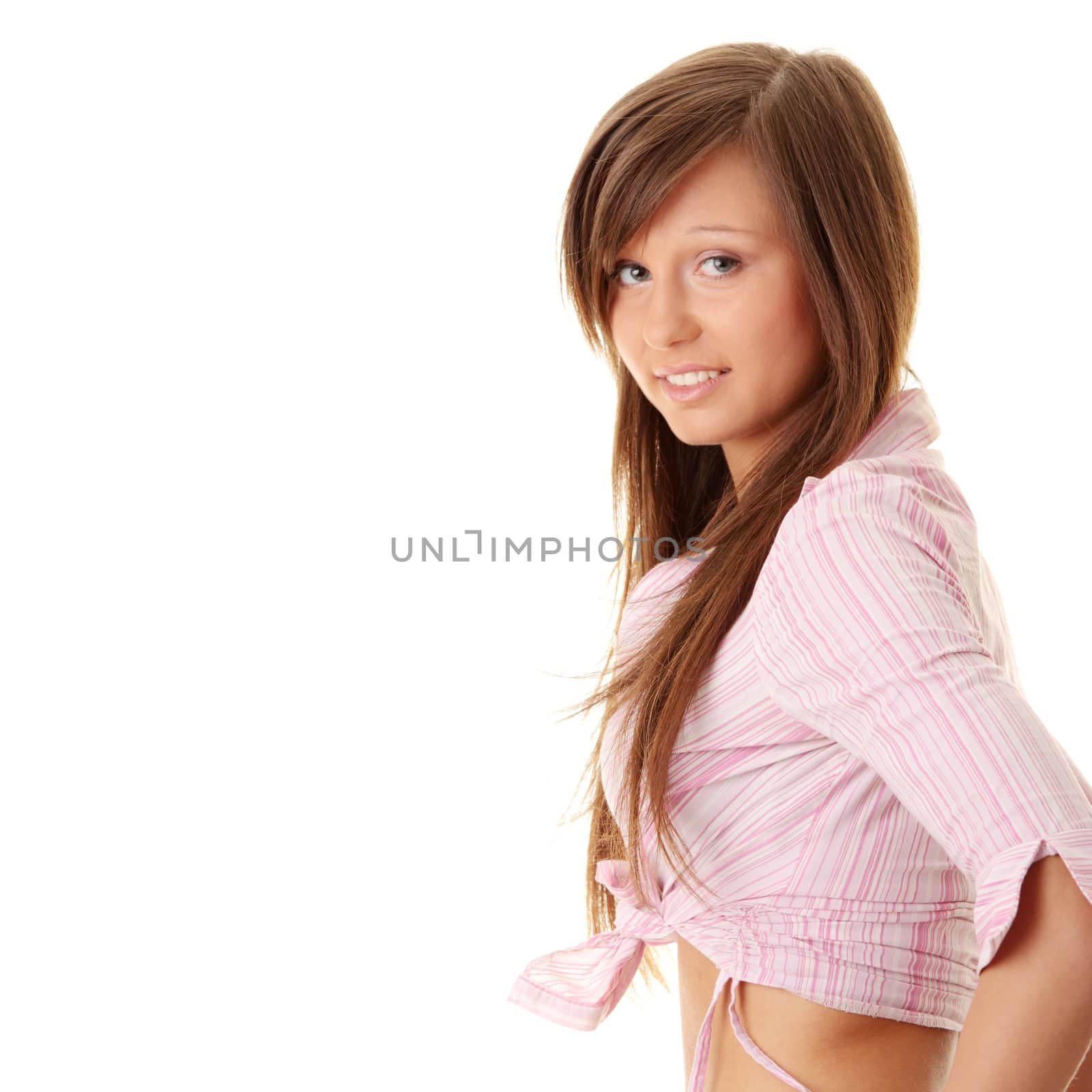 Happy and friendly young lady posing isolated on white background