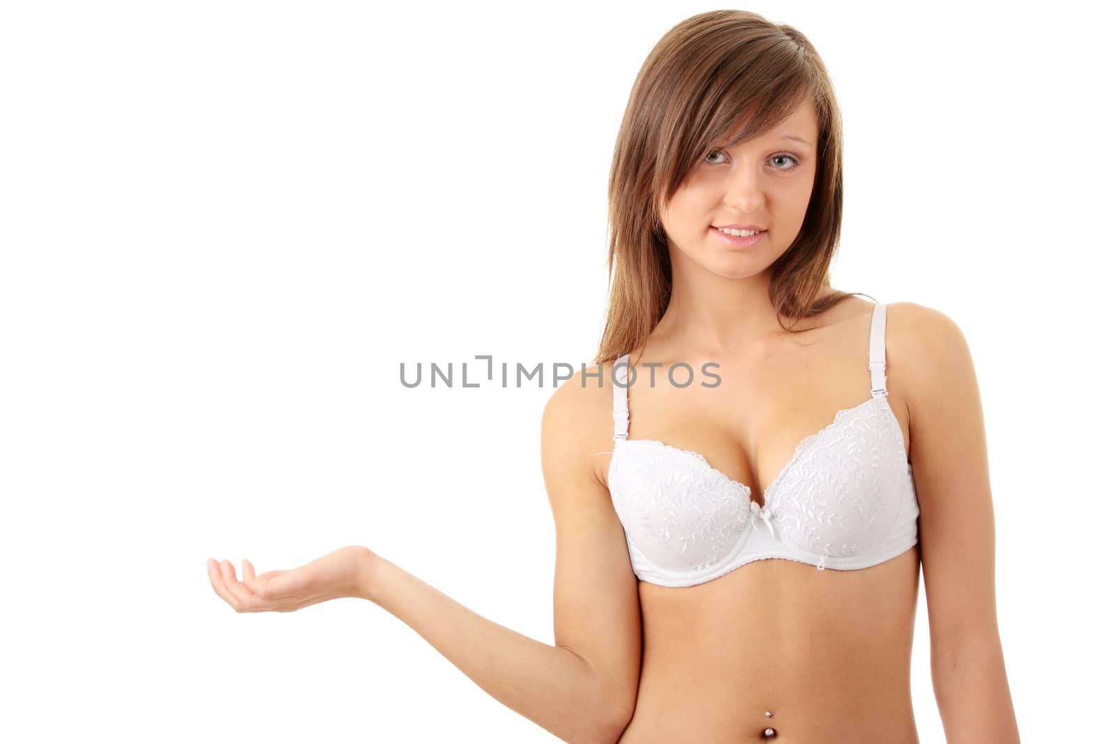 Young woman in underwear, is isolated on white background.