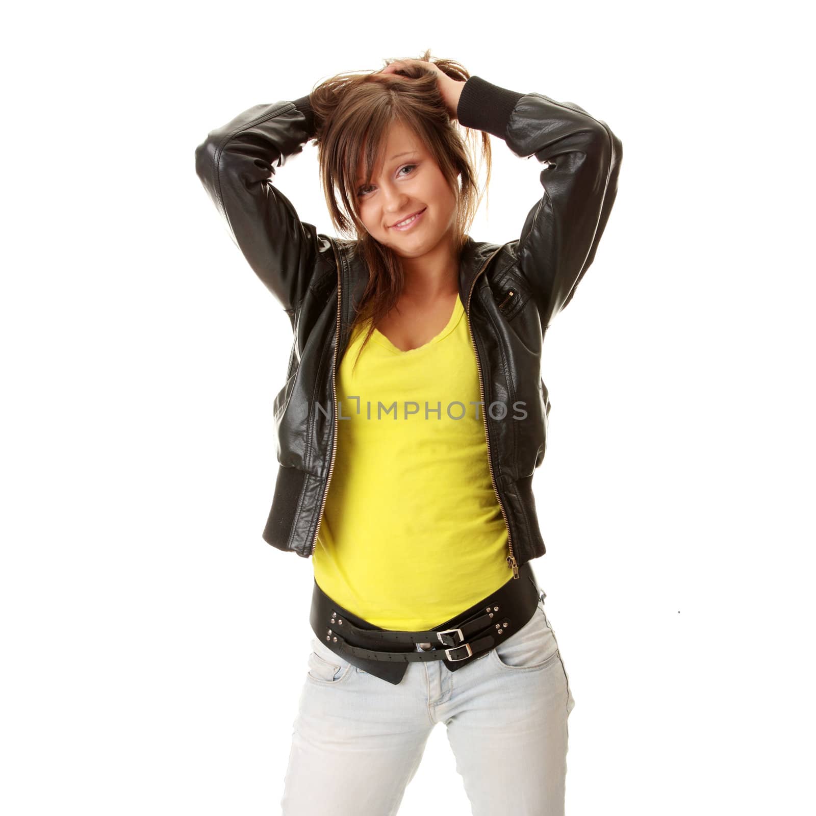 Happy and friendly young lady posing isolated on white background