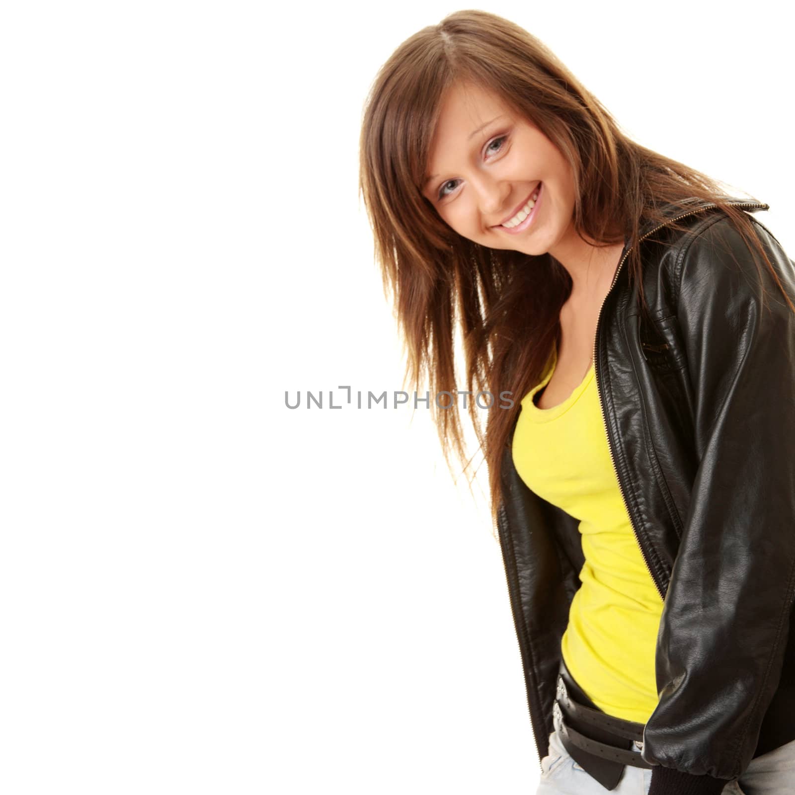 Happy and friendly young lady posing isolated on white background
