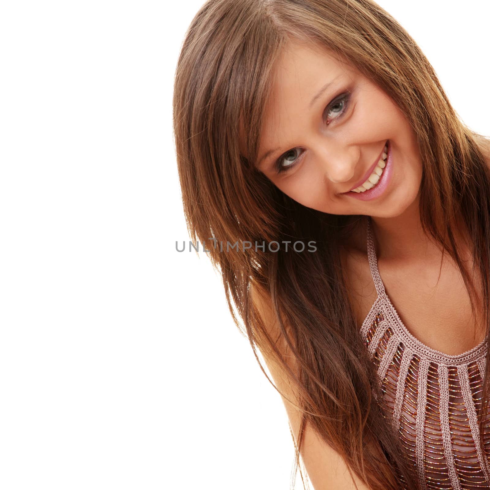 Happy and friendly young lady posing isolated on white background
