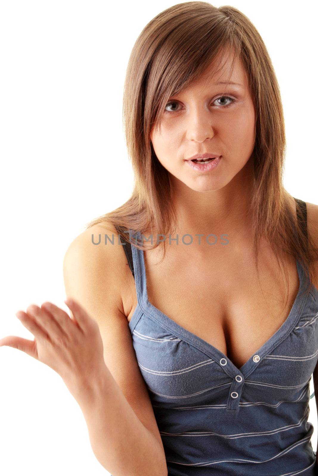 Young teen girl shouting, speaking. Isolated on white background
